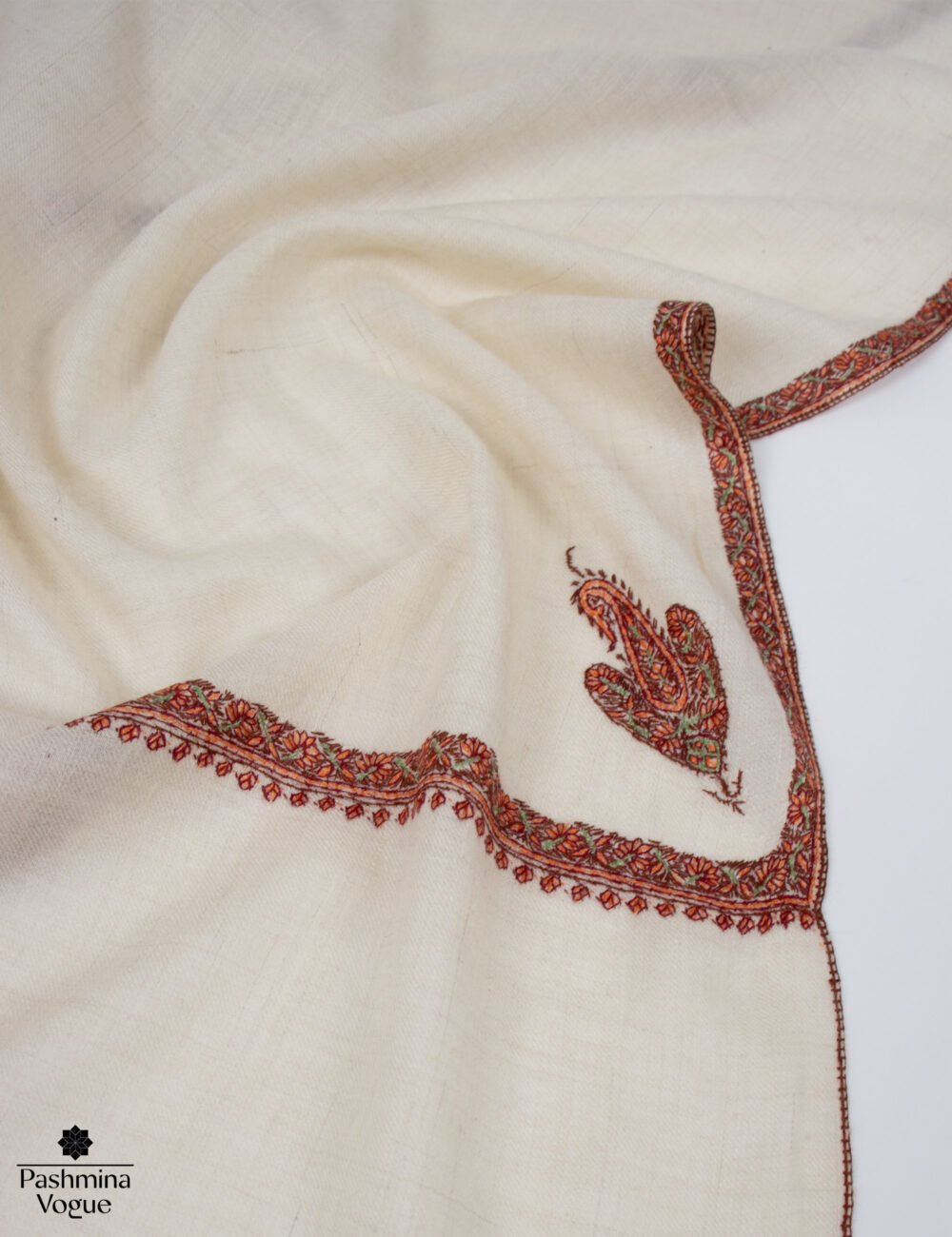 Ivory Pashmina Shawl with Sozni Hand Embroidery Kashmiri Shawl