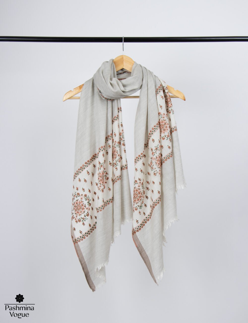 Grey & White Cashmere Shawl with Sozni Hand Embroidery