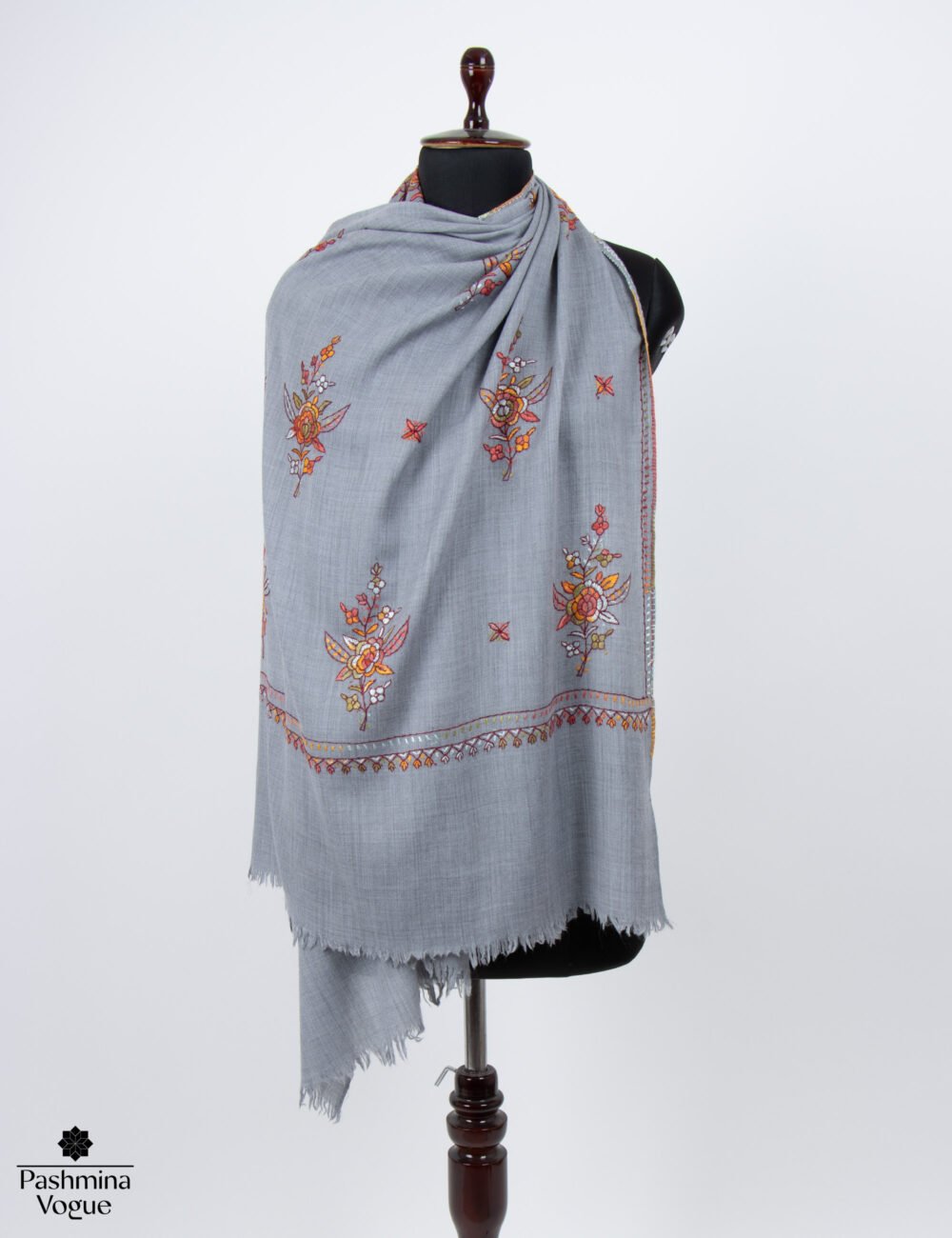 Gray Cashmere Woolen Scarf with Needlework Embroidery