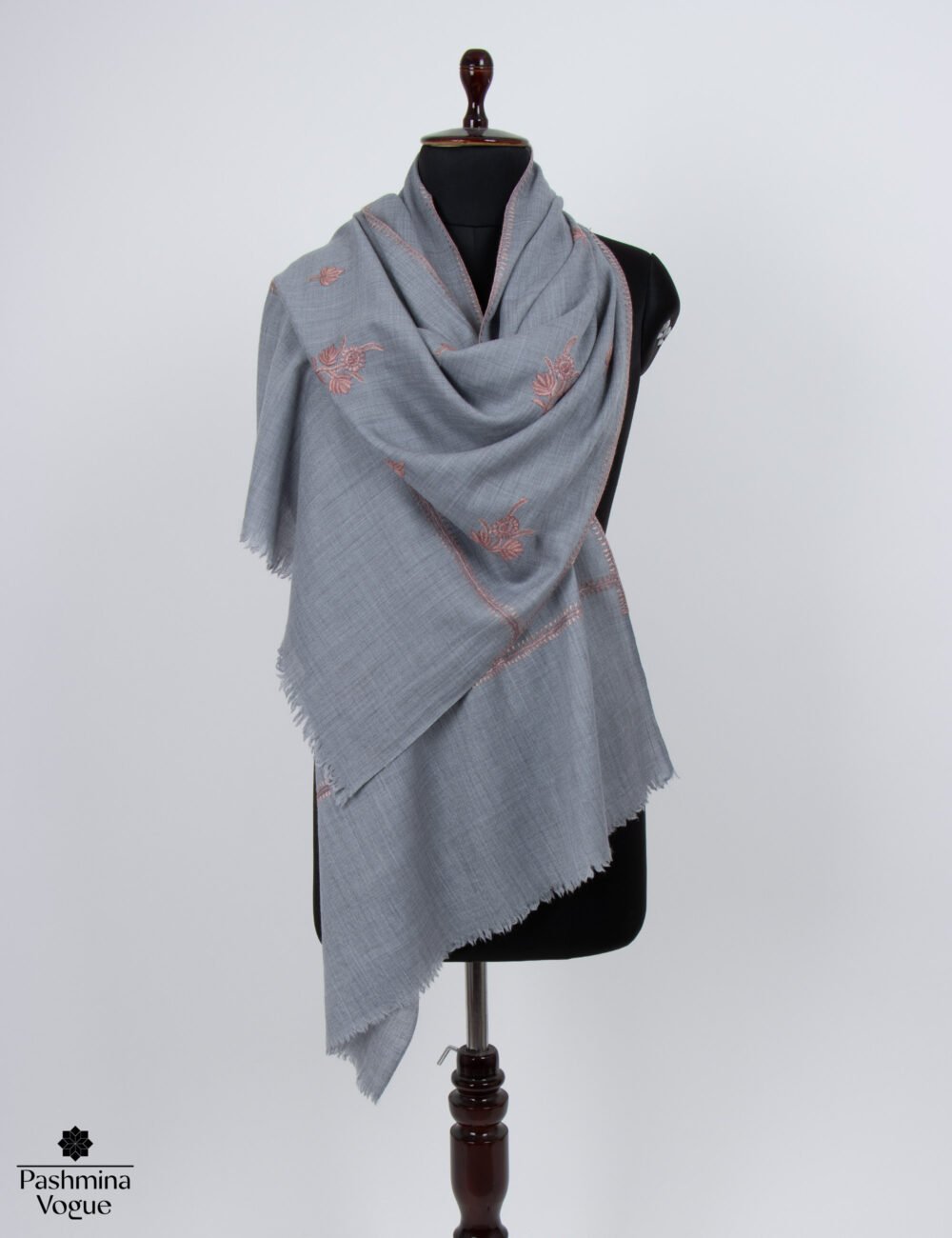 Gray Cashmere Scarf with Needlework Embroidery