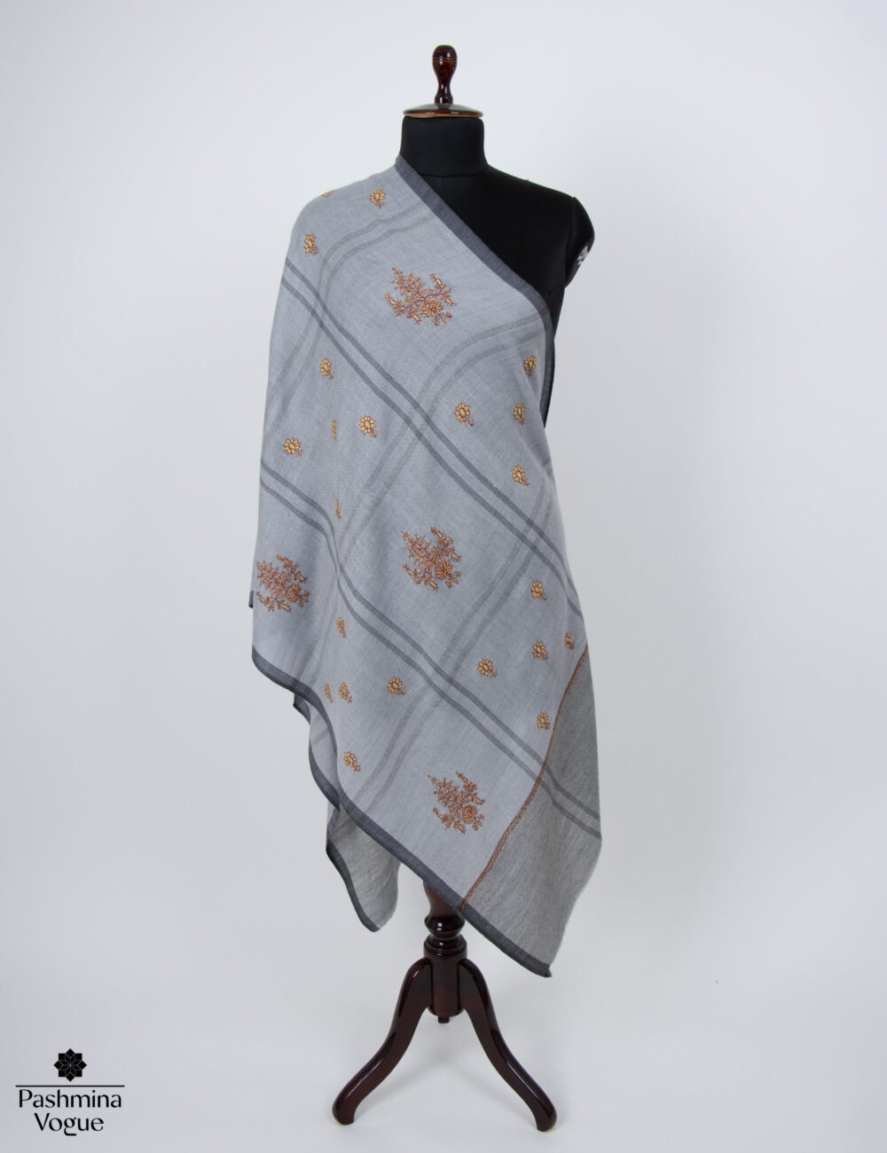 Hand embroidered Kashmiri wool scarf with intricate Sozni detailing, lightweight artisan shawl for all-season wear