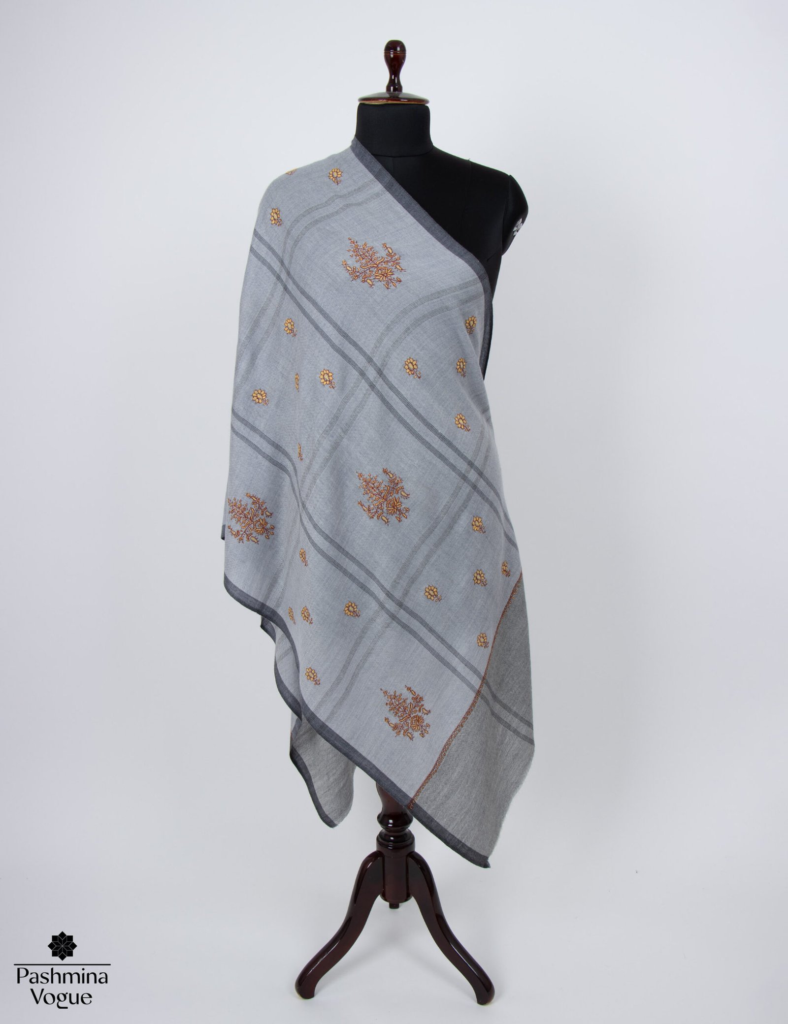 Hand embroidered Kashmiri wool scarf with intricate Sozni detailing, lightweight artisan shawl for all-season wear