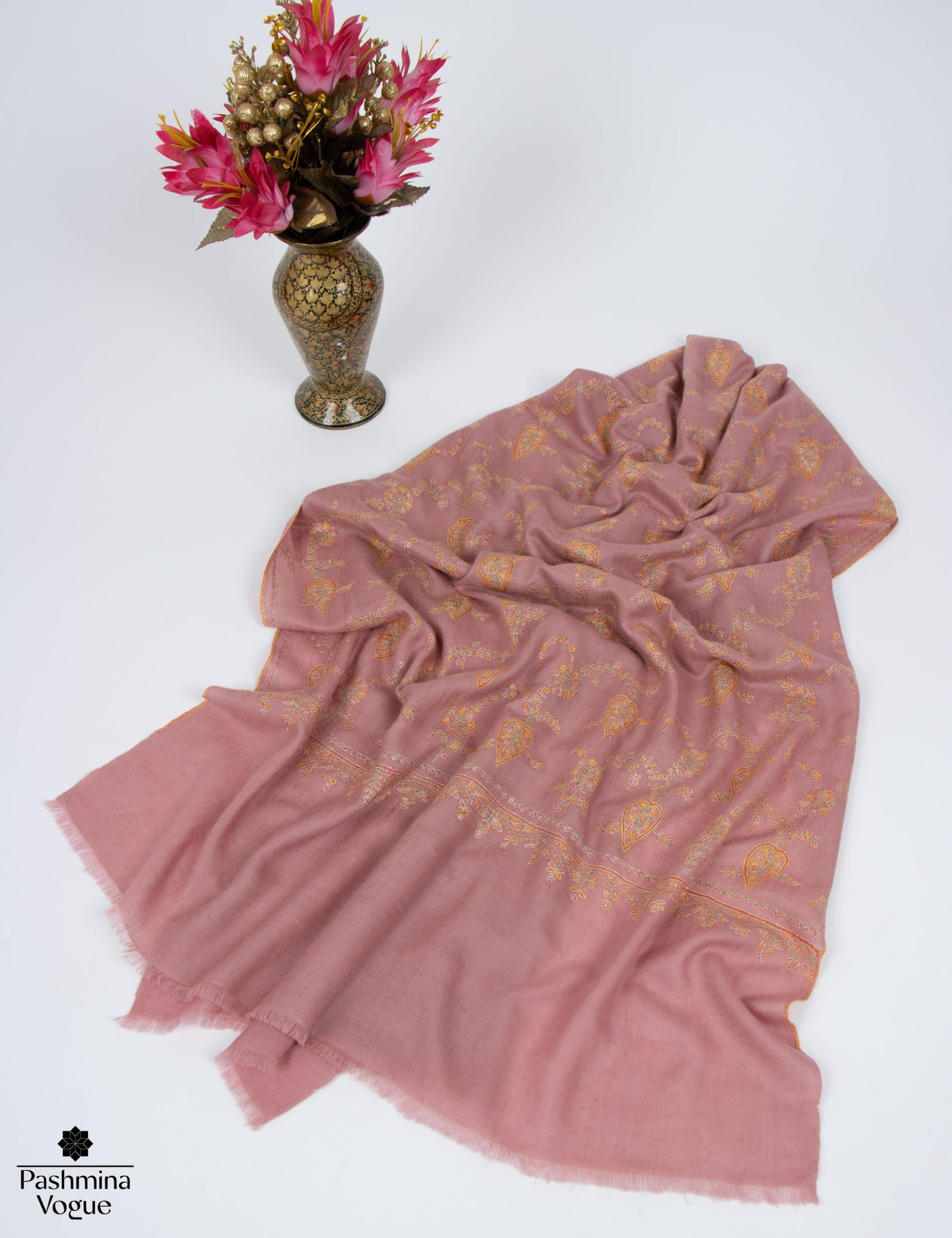 Dusty Peach Sozni Pashmina Shawl Hand Made Cashmere Wrap