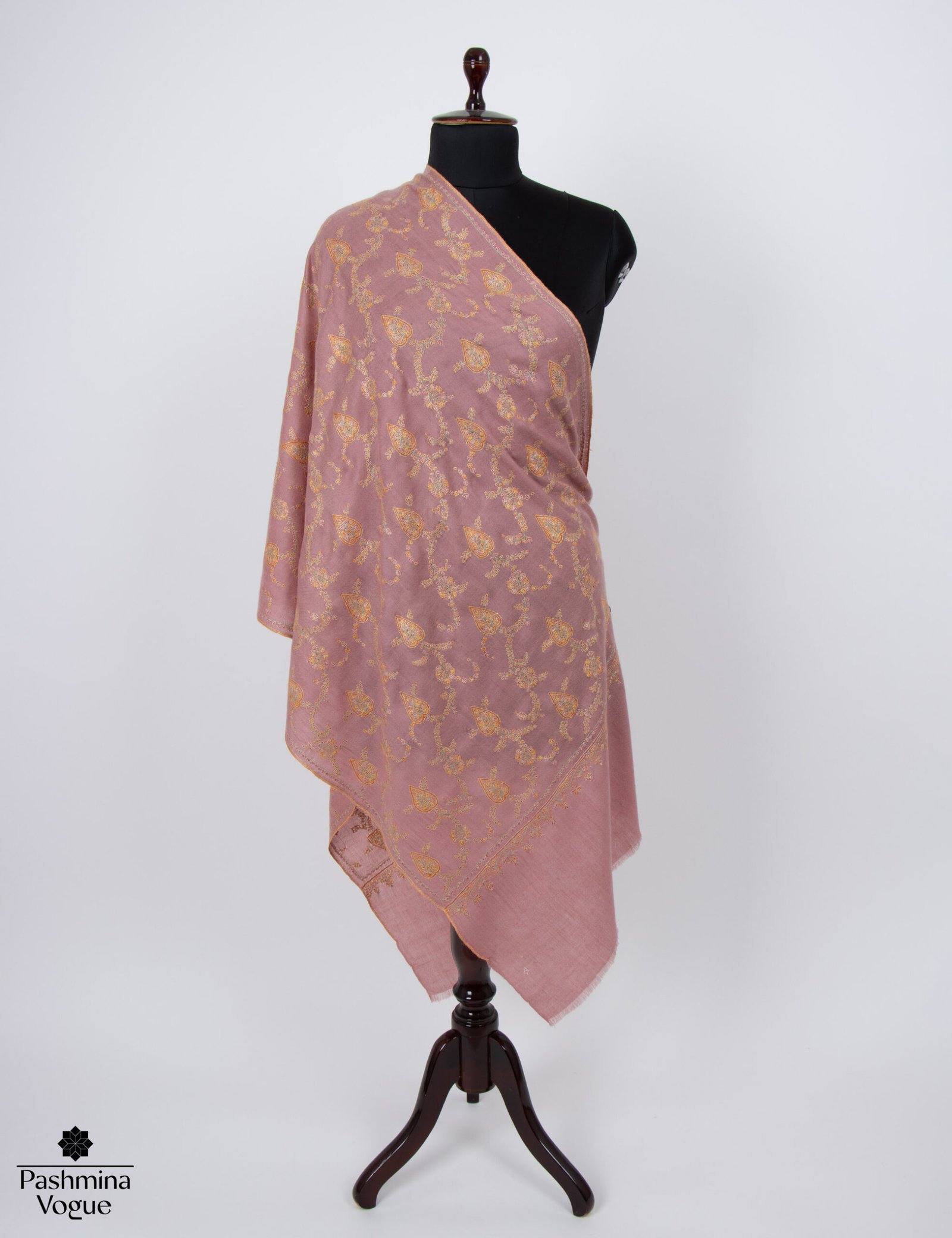 Dusty peach hand embroidered Sozni pashmina shawl in pure cashmere elegant wedding wrap soft luxury scarf for women