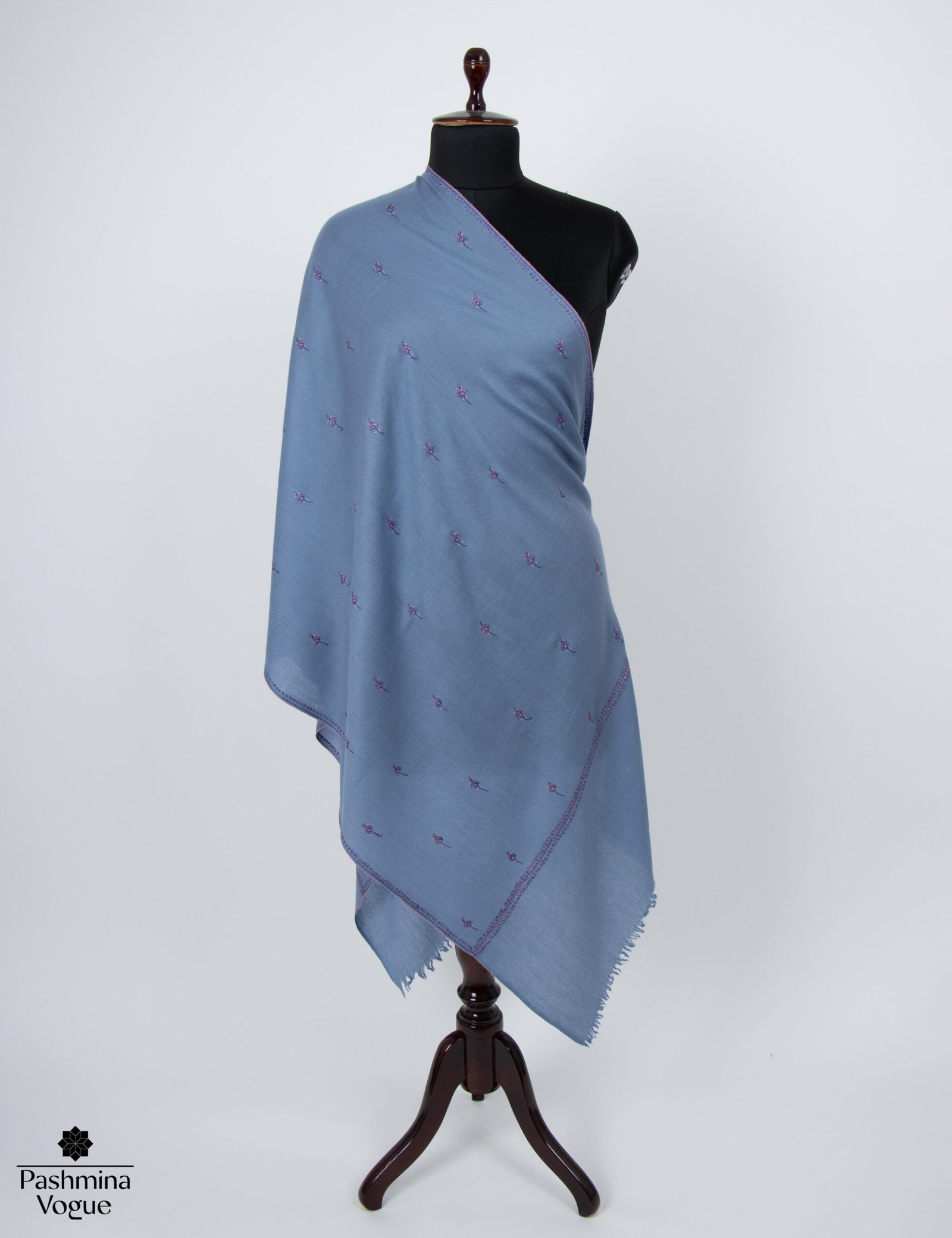 Blue Kashmiri pure wool shawl with intricate Sozni hand embroidery soft lightweight luxury wrap