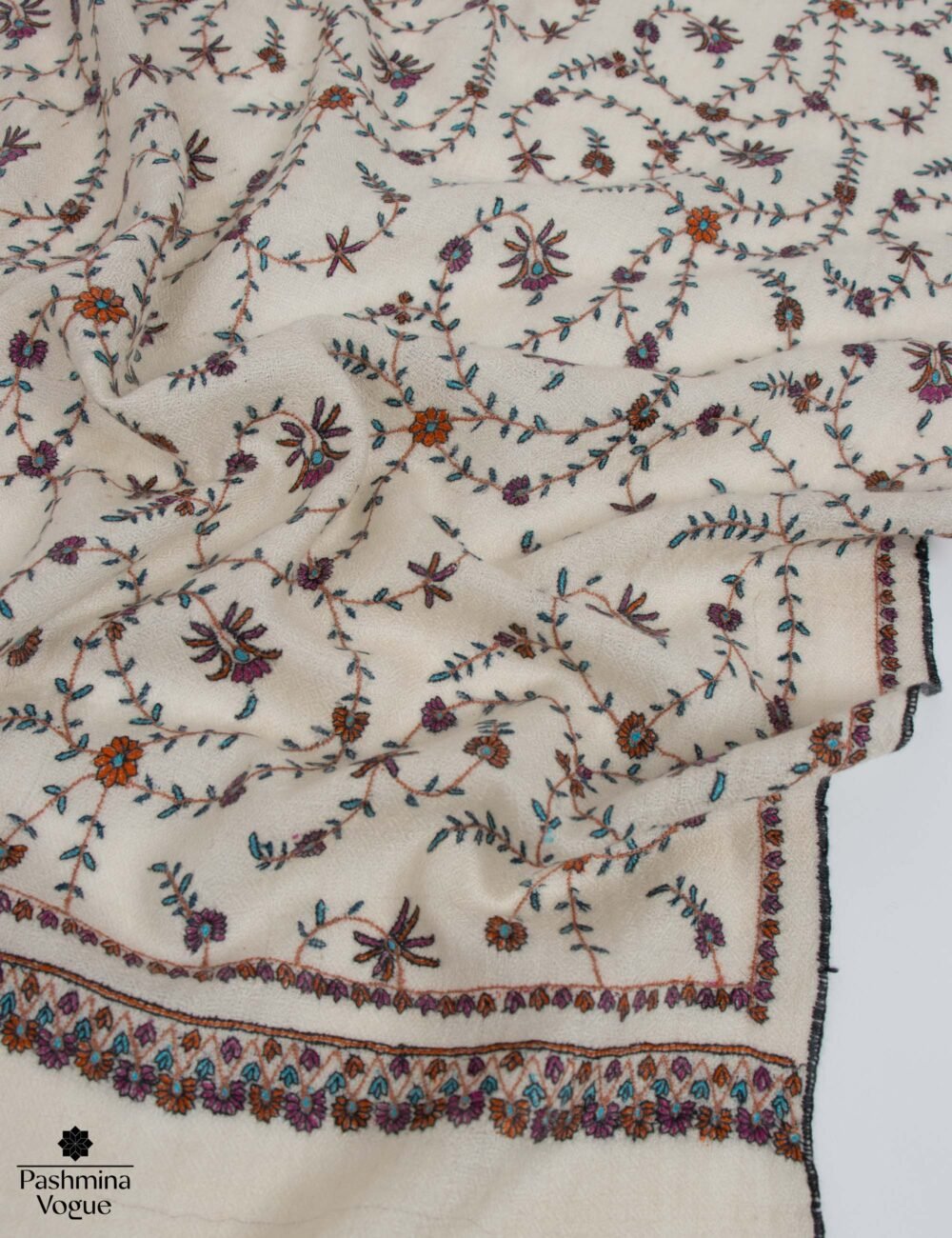 White Pashmina Scarf with Hand Embroidery Soft Kashmiri Shawl