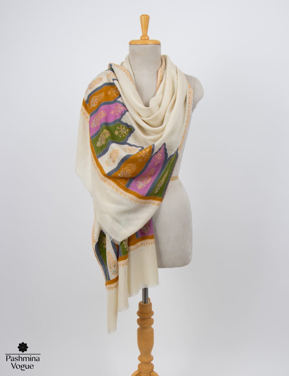 Handmade Pashmina Scarf: Ivory Kashmir Sozni Wrap