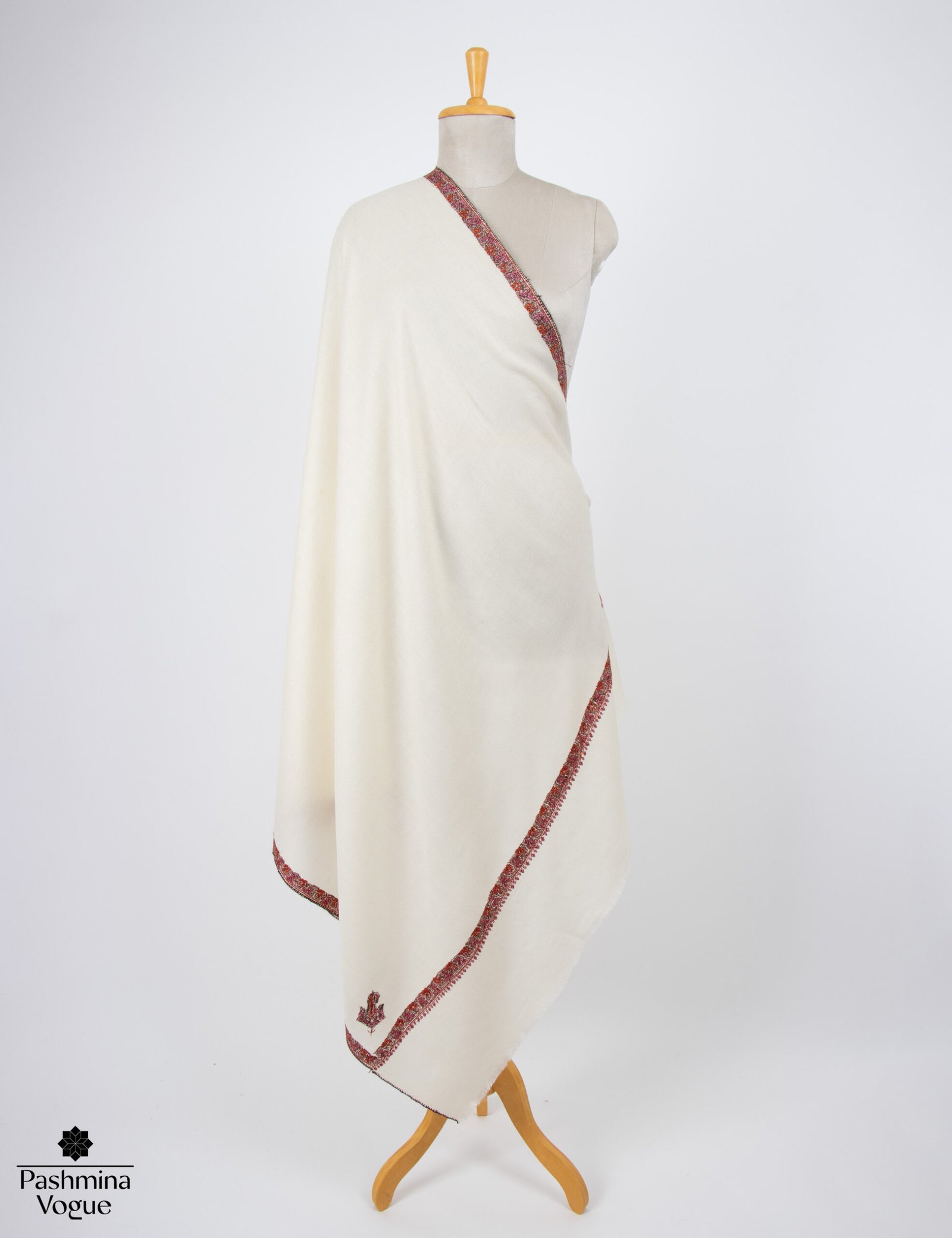 Ivory white handmade cashmere shawl with fine Kashmiri embroidery, soft luxury wrap for women