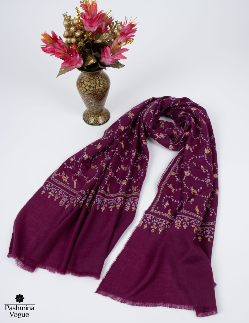 Wine Berry Pure Pashmina Jaal Stole Handwoven Cashmere Wrap