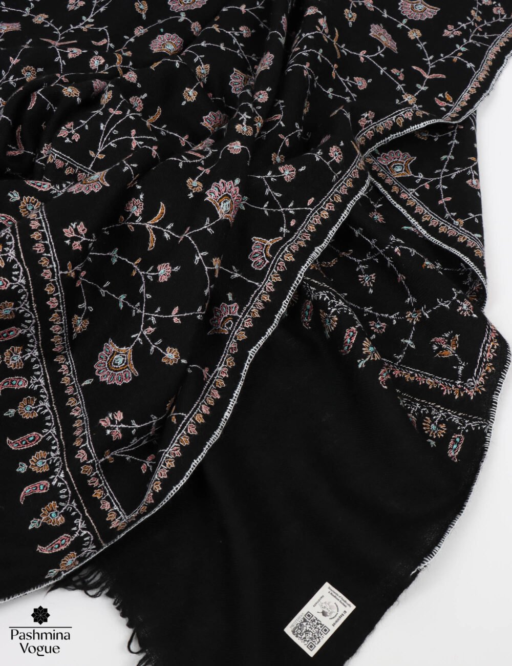 Black GI Embroidered Pashmina Shawl Handmade Kashmiri Wrap
