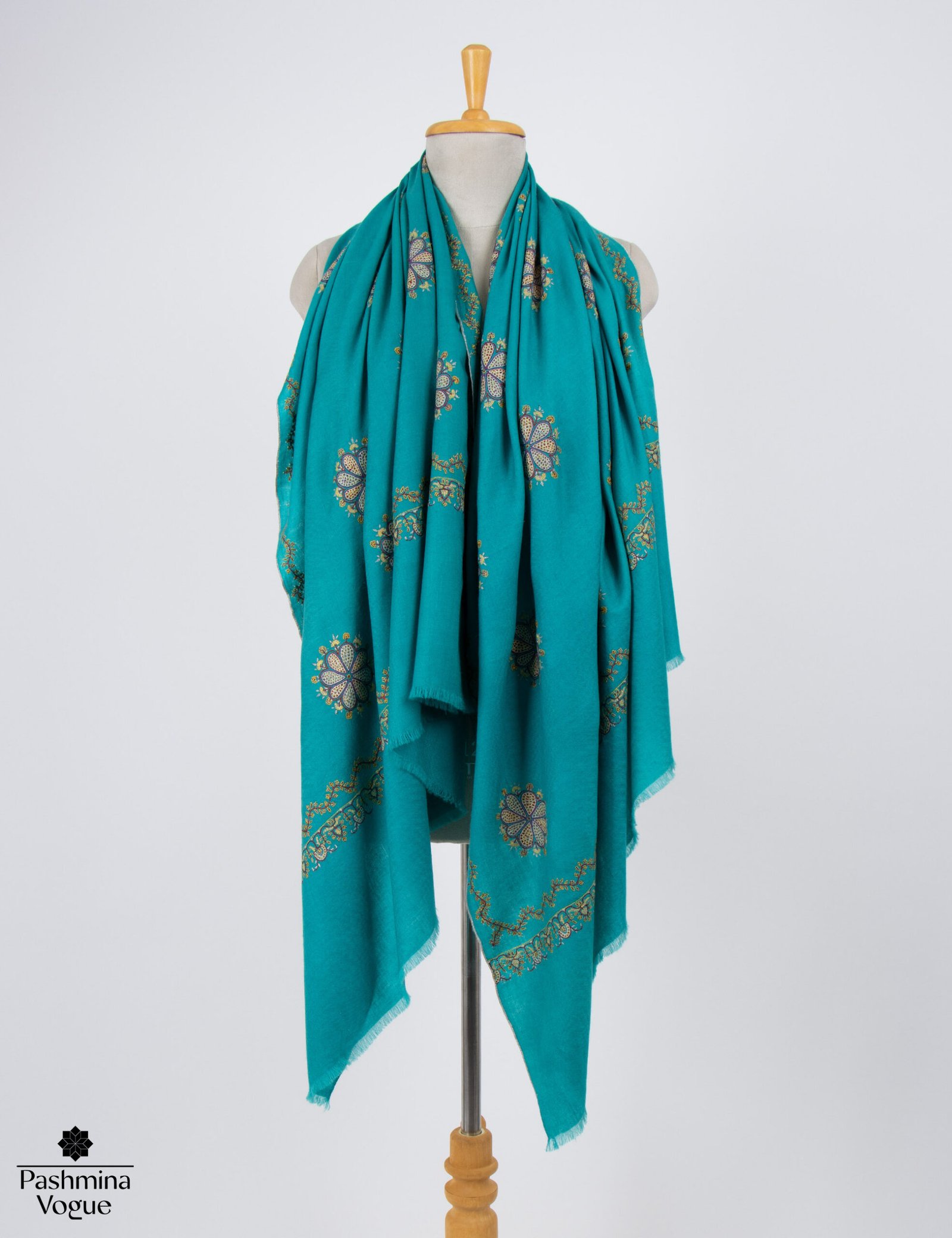 Bondi Blue Cashmere Scarf with Jali Hand Embroidery