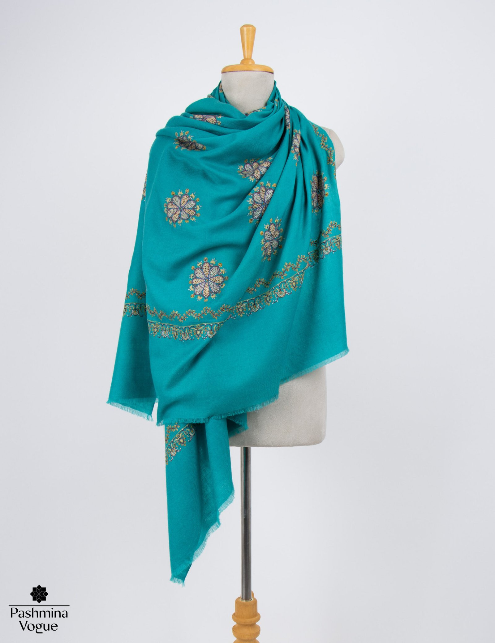 Bondi Blue Cashmere Scarf with Jali Hand Embroidery