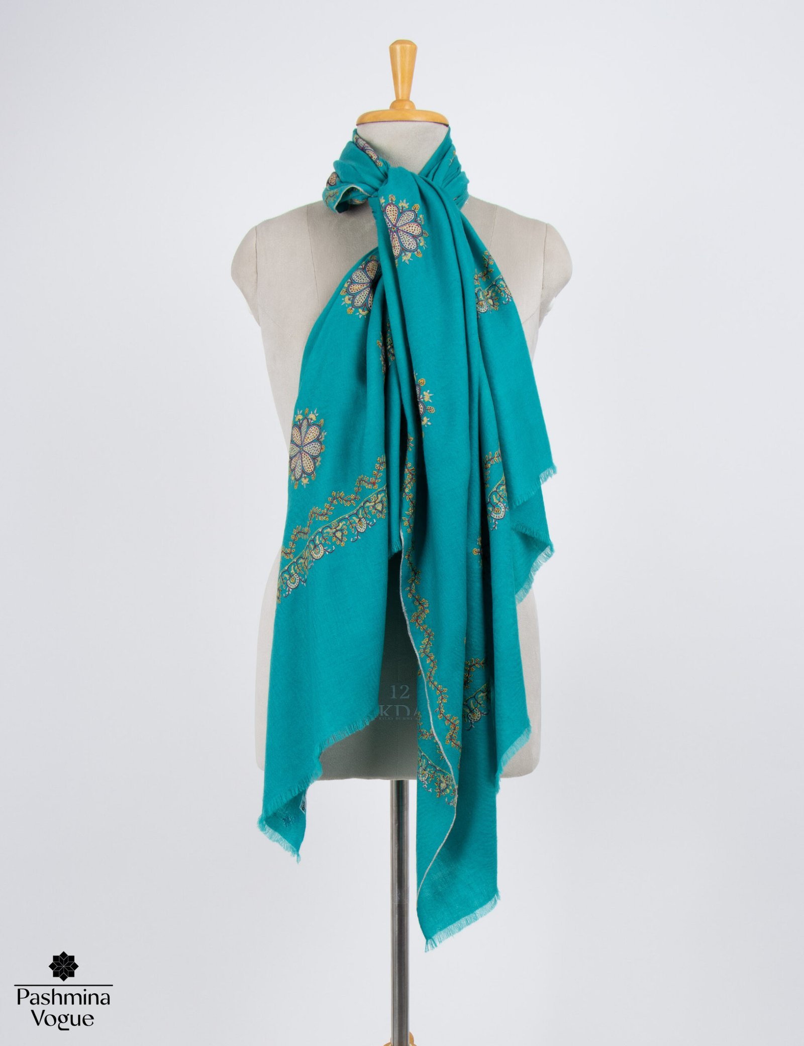 Bondi Blue Cashmere Scarf with Jali Hand Embroidery