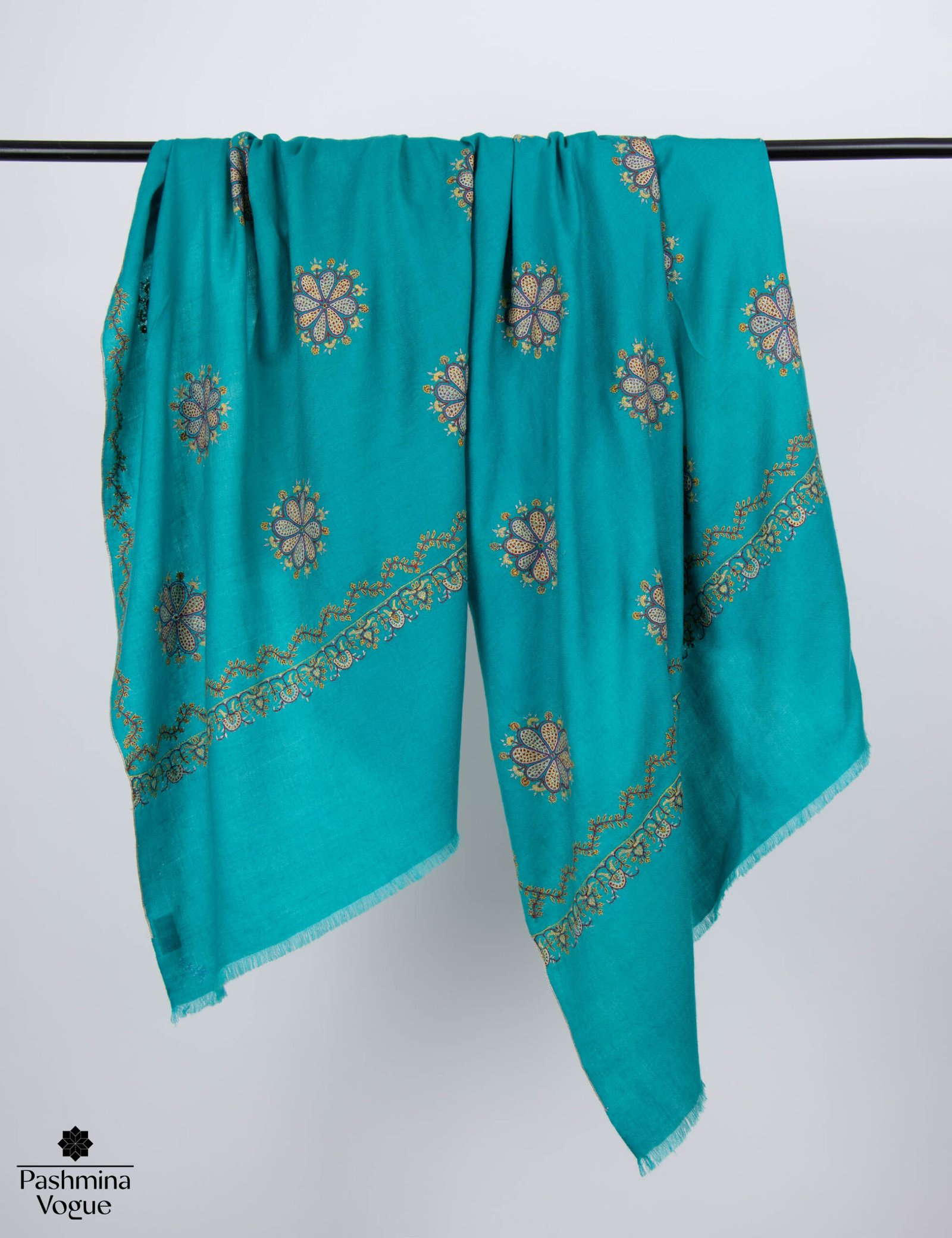 Bondi Blue Cashmere Scarf with Jali Hand Embroidery