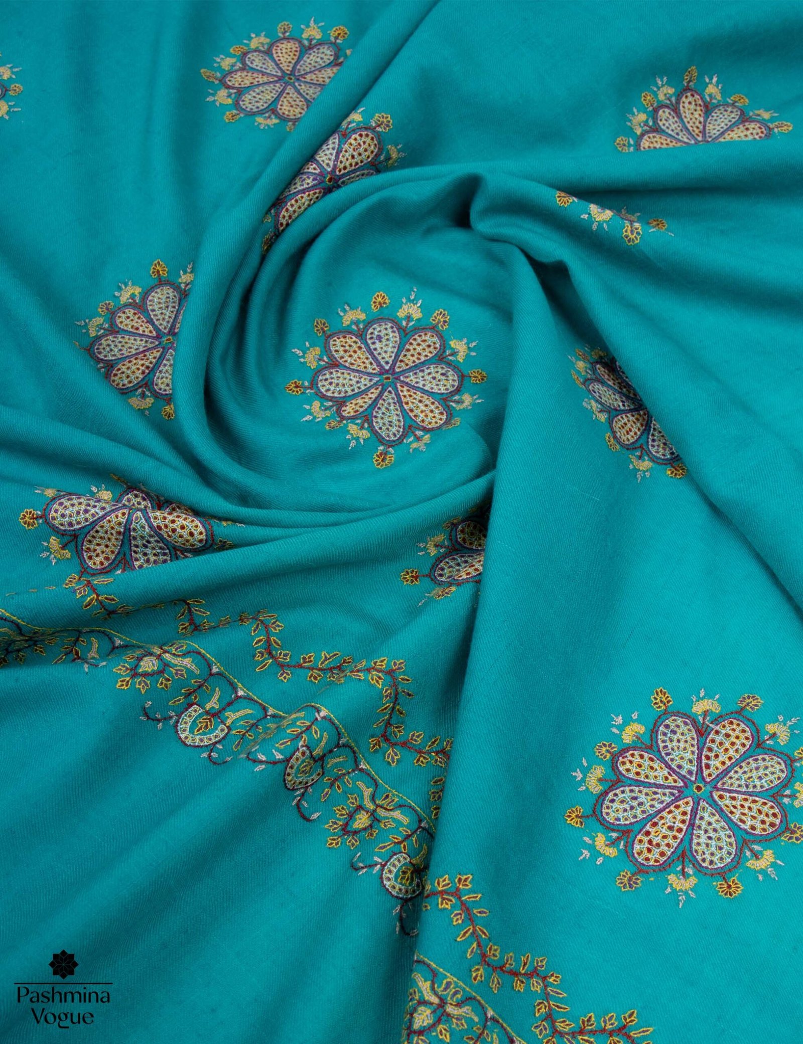 Bondi Blue Cashmere Scarf with Jali Hand Embroidery