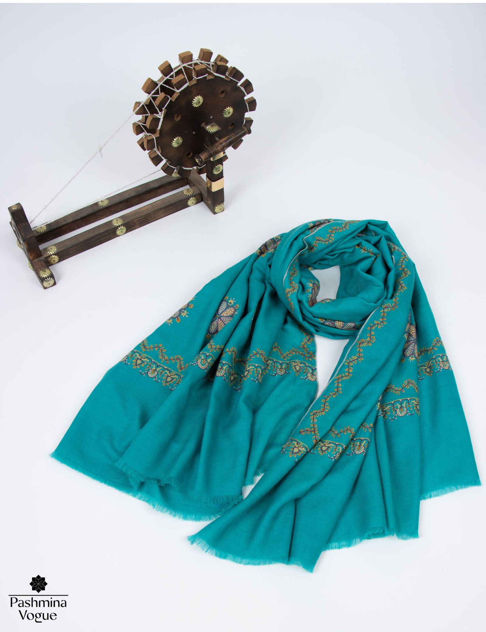 Bondi Blue Cashmere Scarf with Jali Hand Embroidery