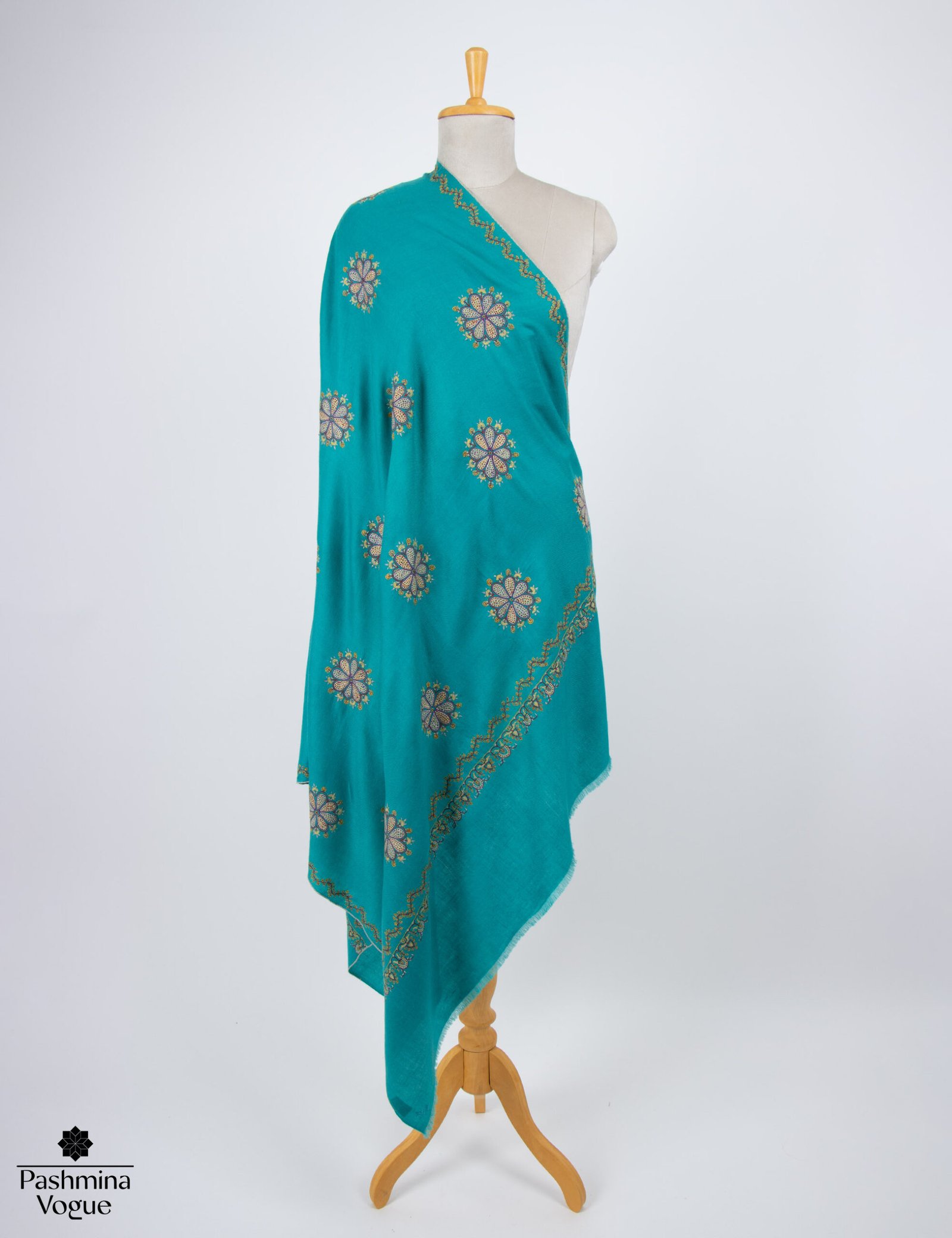 Bondi Blue soft cashmere scarf with intricate Jali hand embroidery, handcrafted luxury pashmina wrap