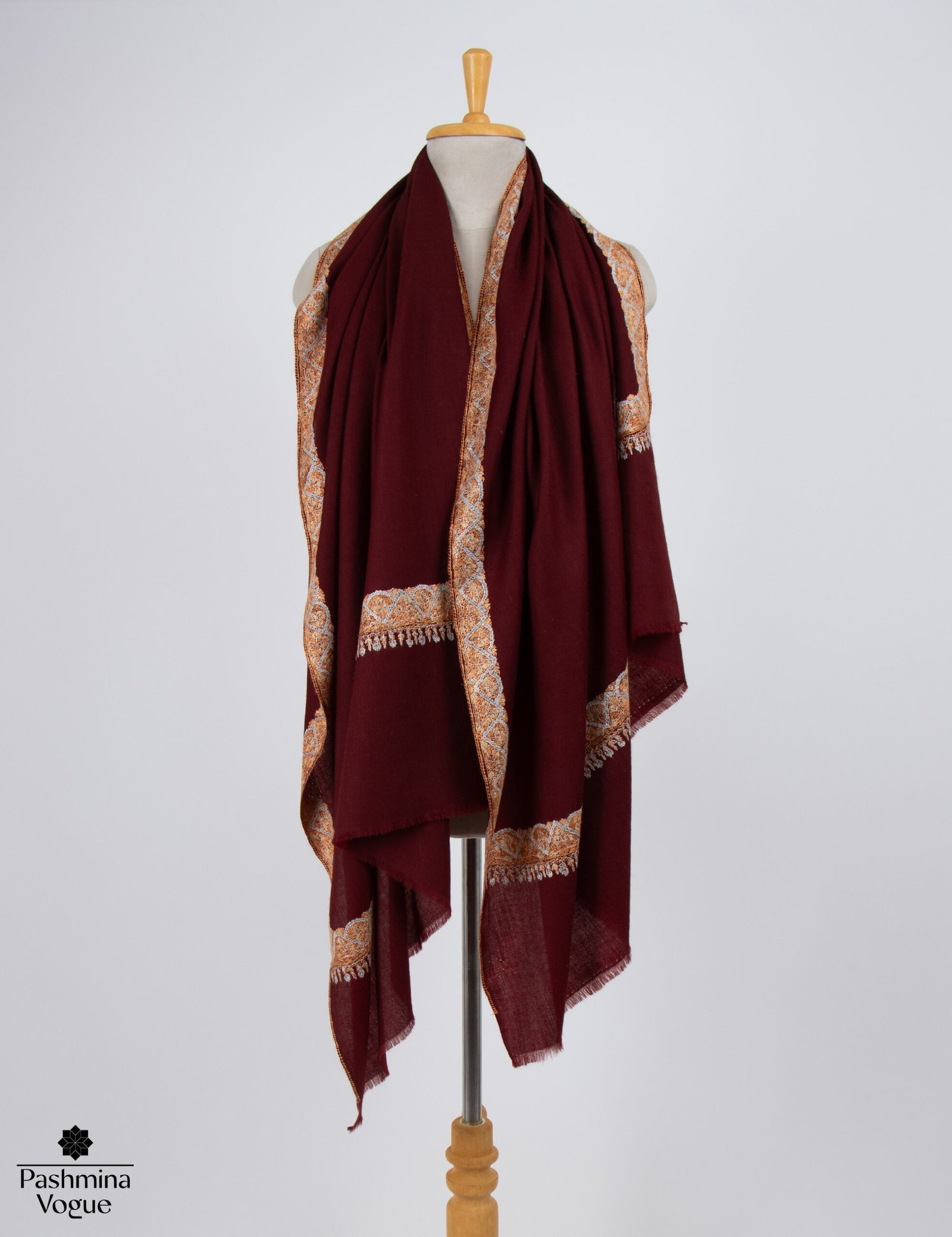 Dark Maroon Hand-Embroidered Cashmere Shawl