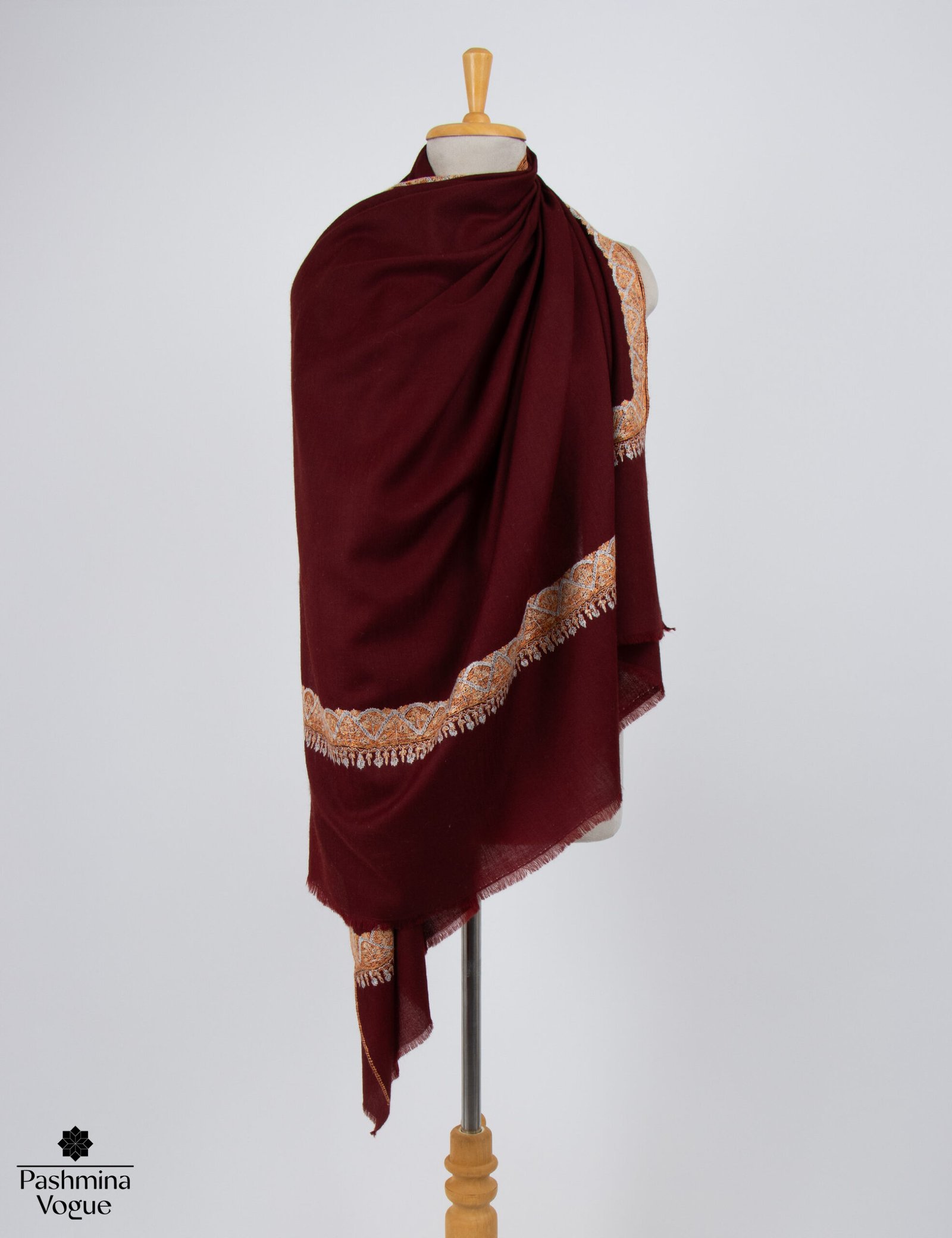 Dark Maroon Hand-Embroidered Cashmere Shawl