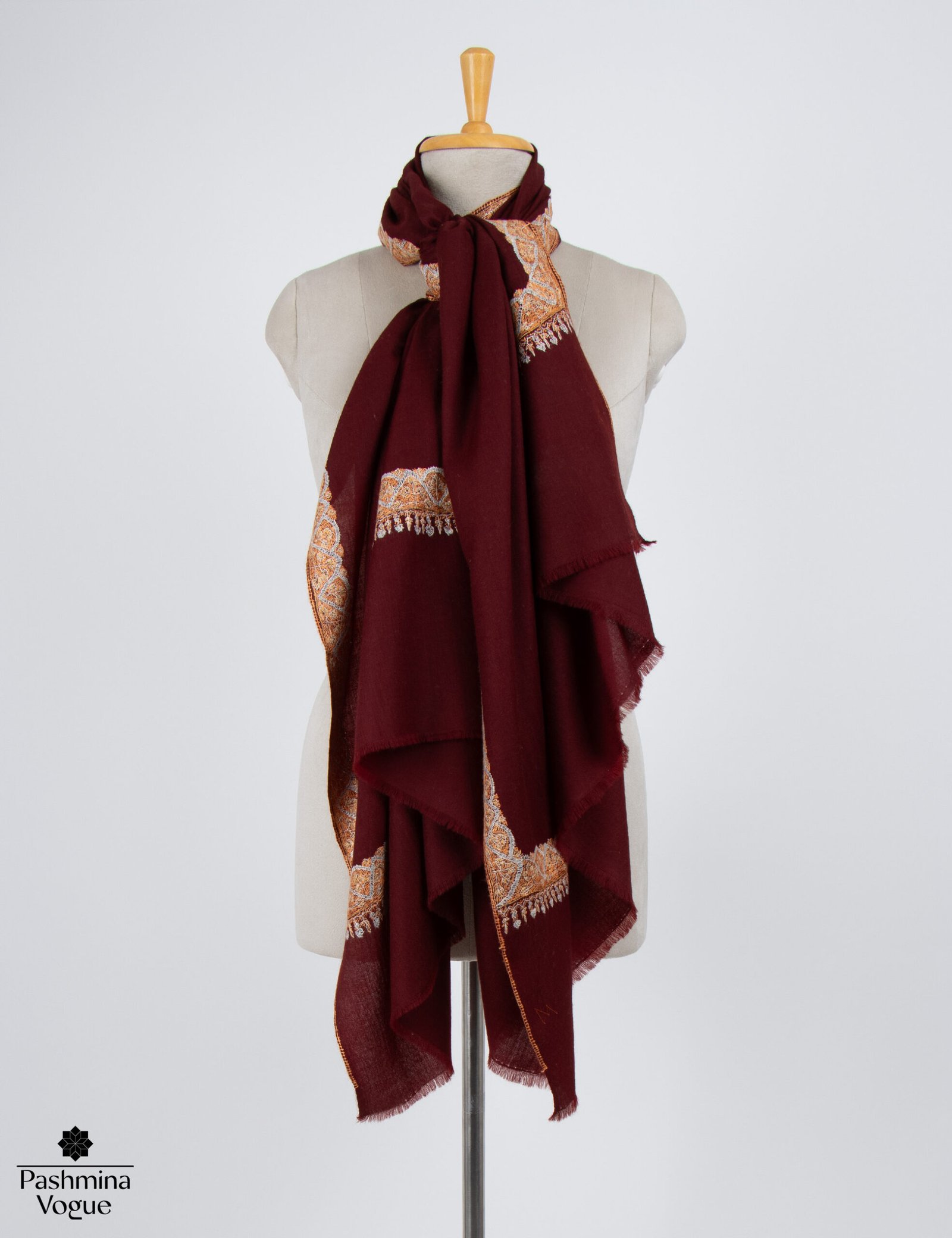 Dark Maroon Hand-Embroidered Cashmere Shawl