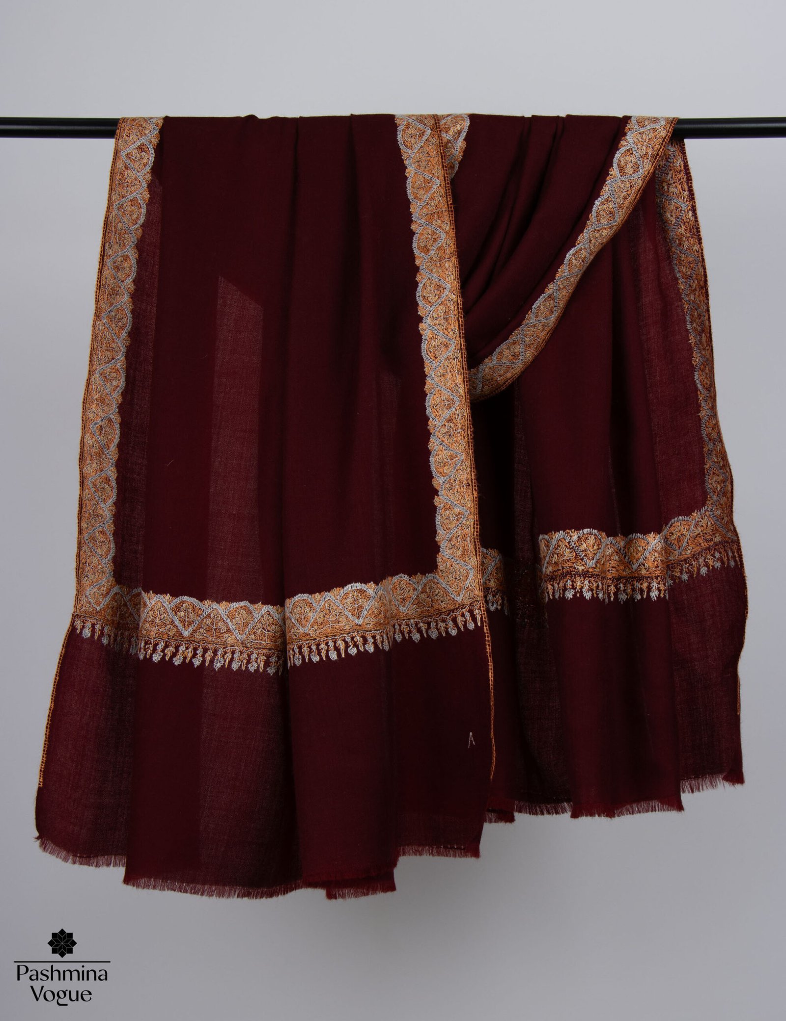 Dark Maroon Hand-Embroidered Cashmere Shawl