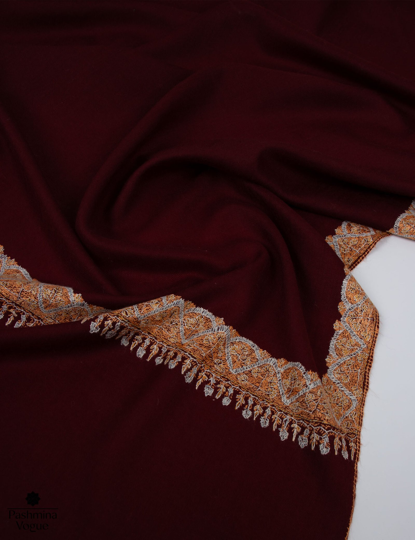 Dark Maroon Hand-Embroidered Cashmere Shawl