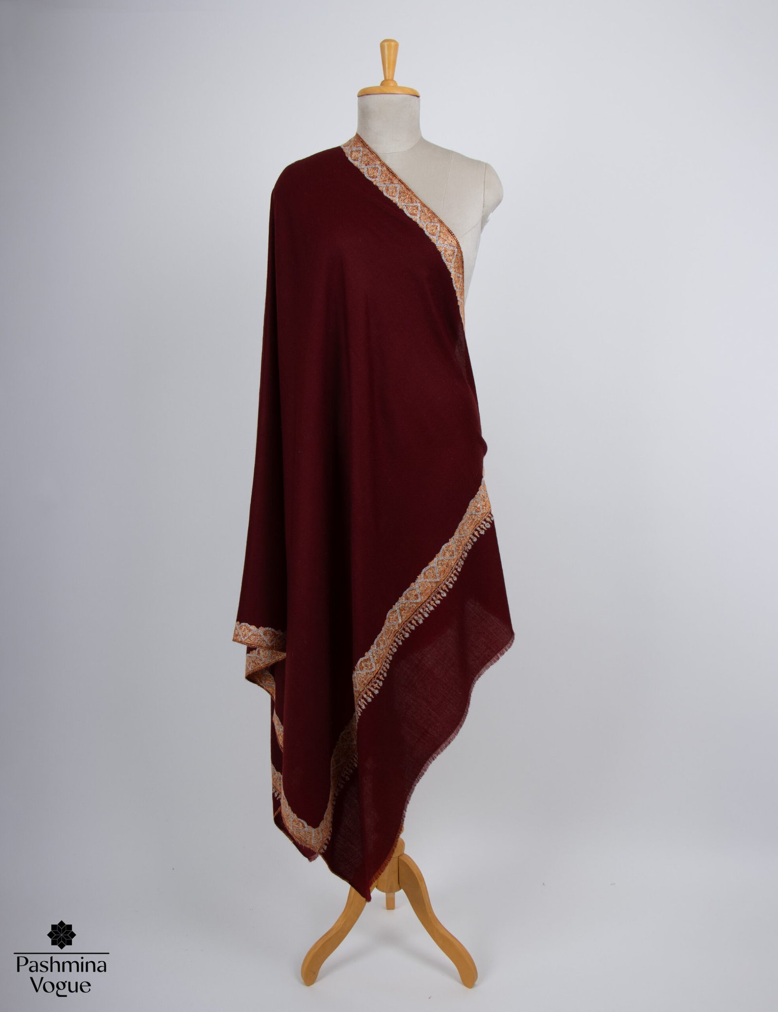 Dark maroon hand embroidered cashmere shawl with traditional daur dar pattern, soft luxury wool pashmina wrap for women and men