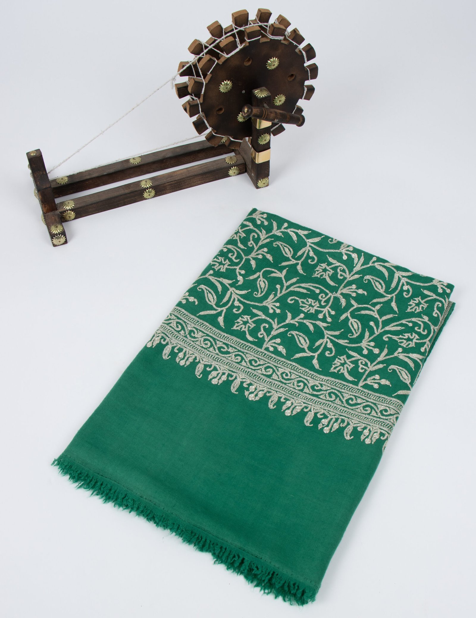 Green Pure Pashmina Shawl Silver Tilla Cashmere Wrap