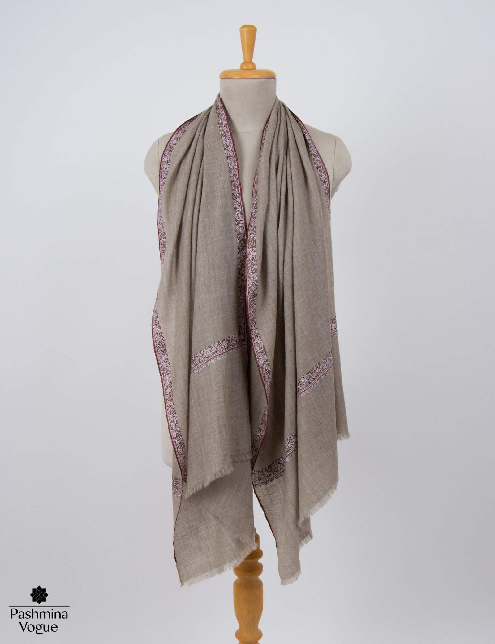 Beige Pure Pashmina Shawl with Traditional Sozni Embroidery