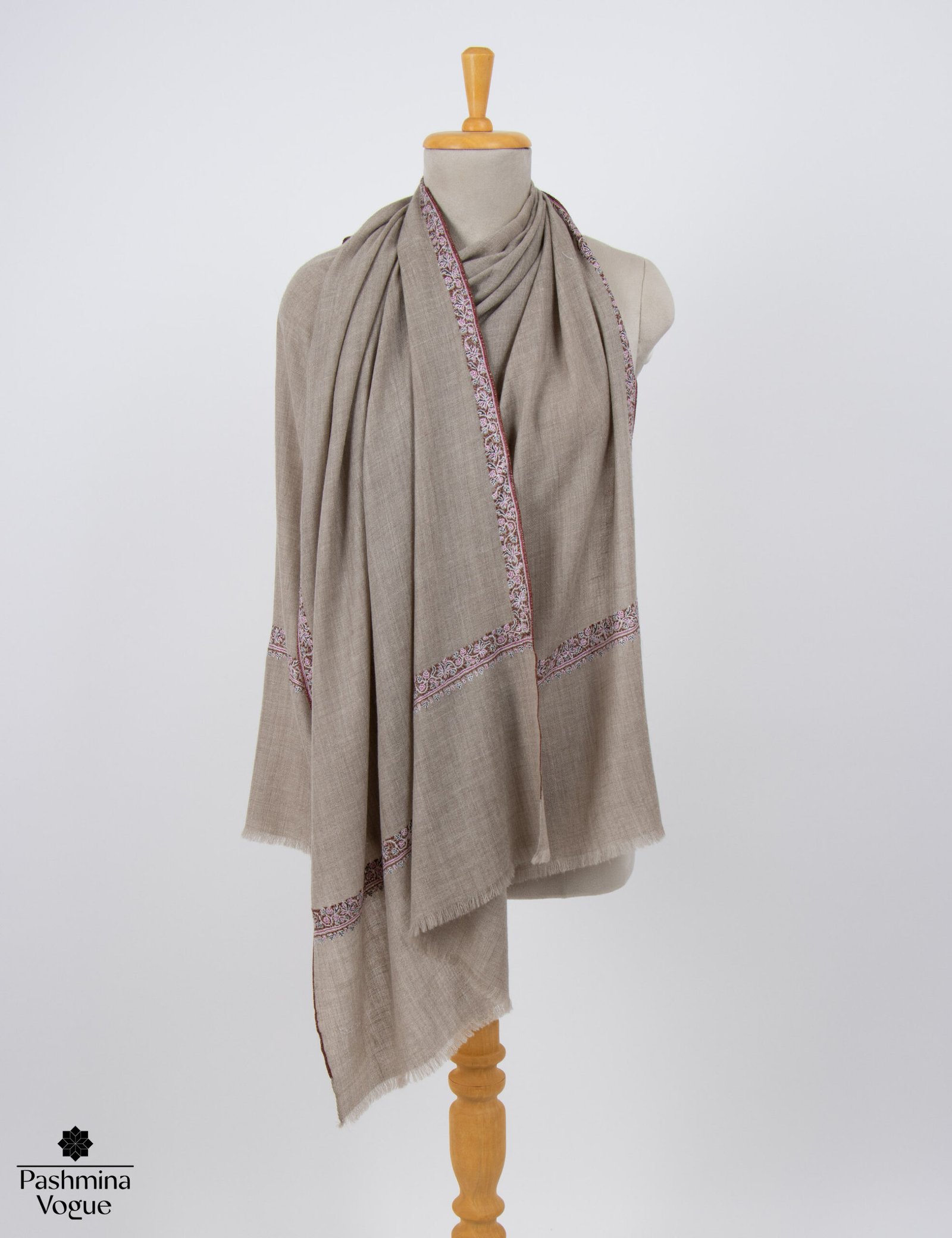 Beige Pure Pashmina Shawl with Traditional Sozni Embroidery