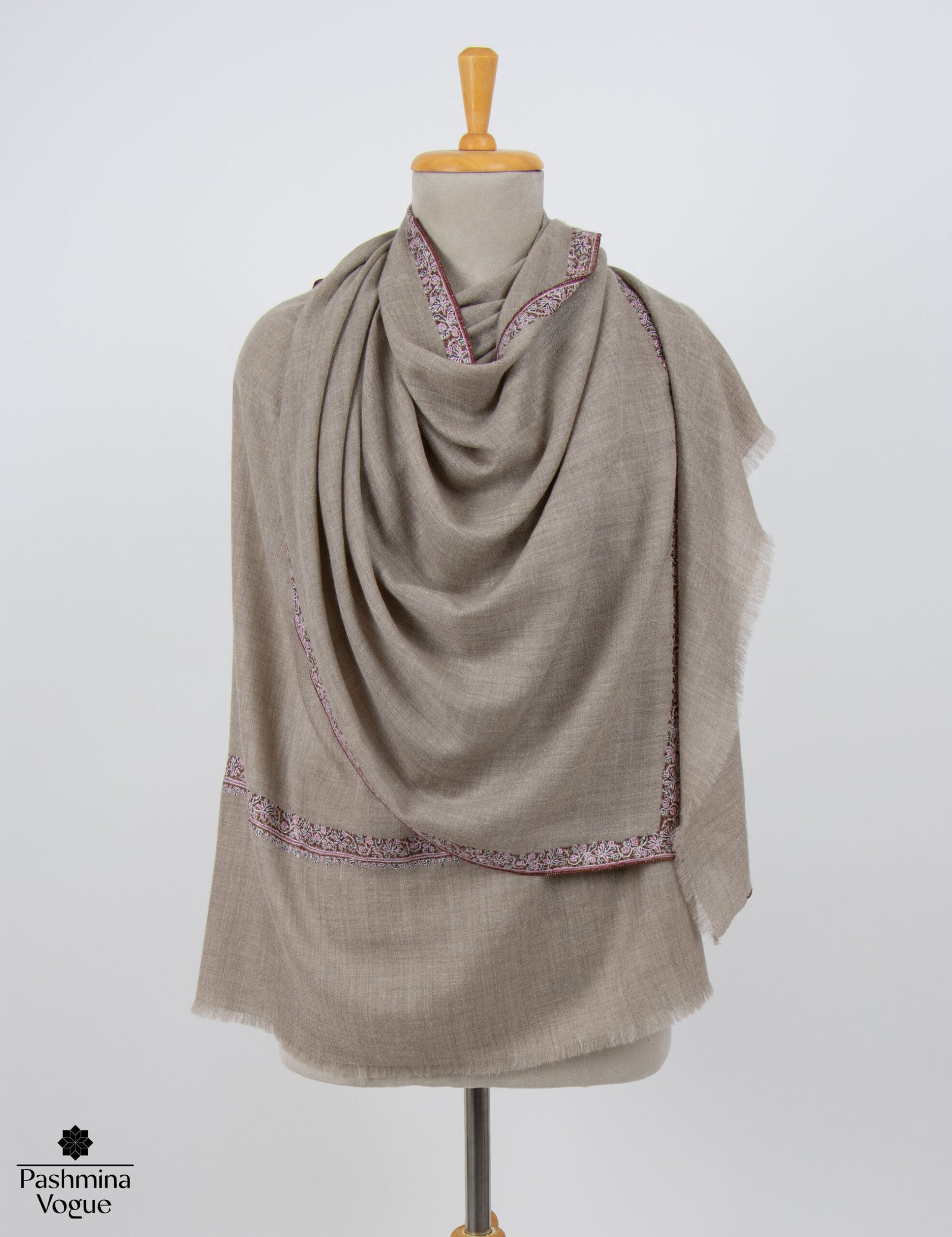 Beige Pure Pashmina Shawl with Traditional Sozni Embroidery