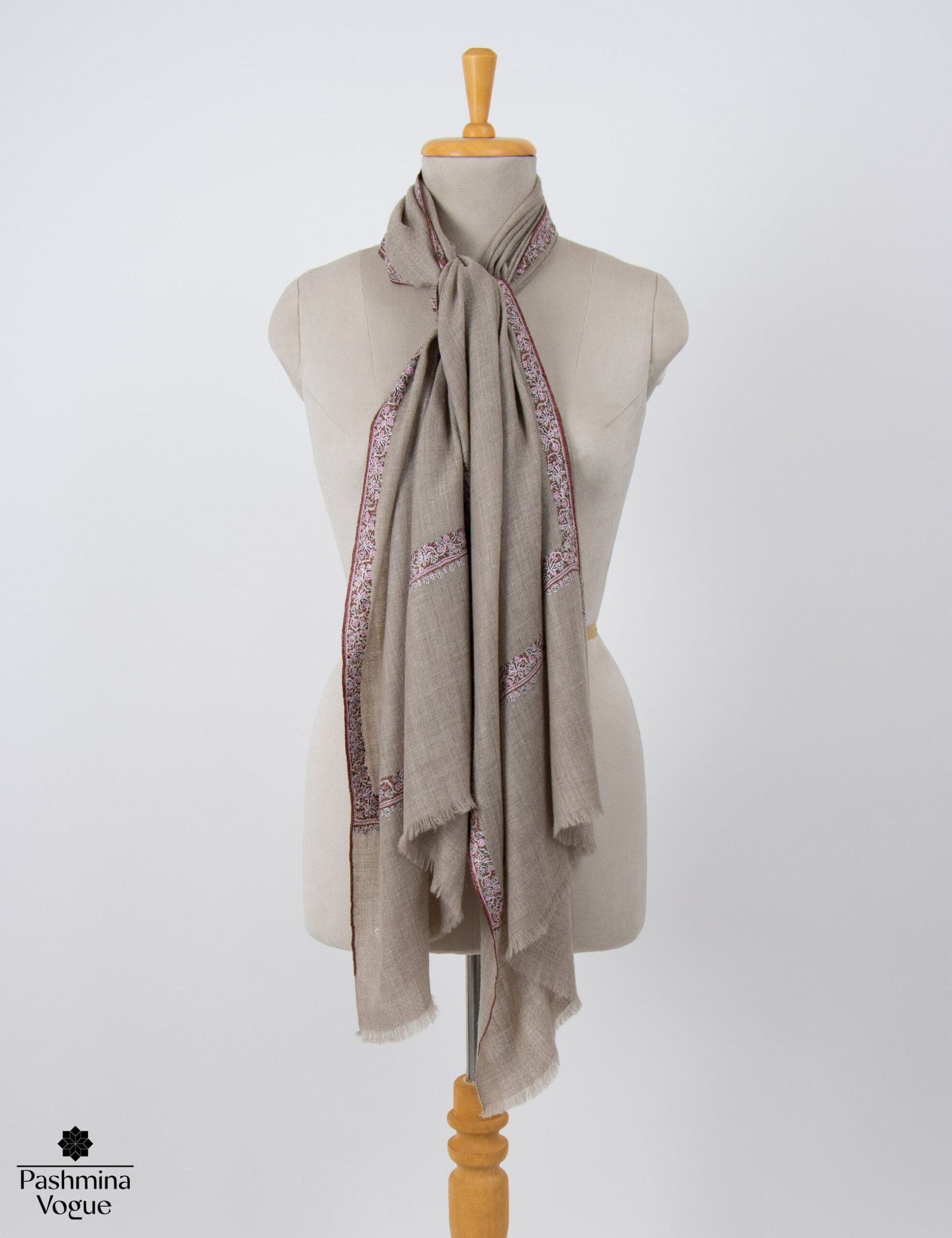 Beige Pure Pashmina Shawl with Traditional Sozni Embroidery