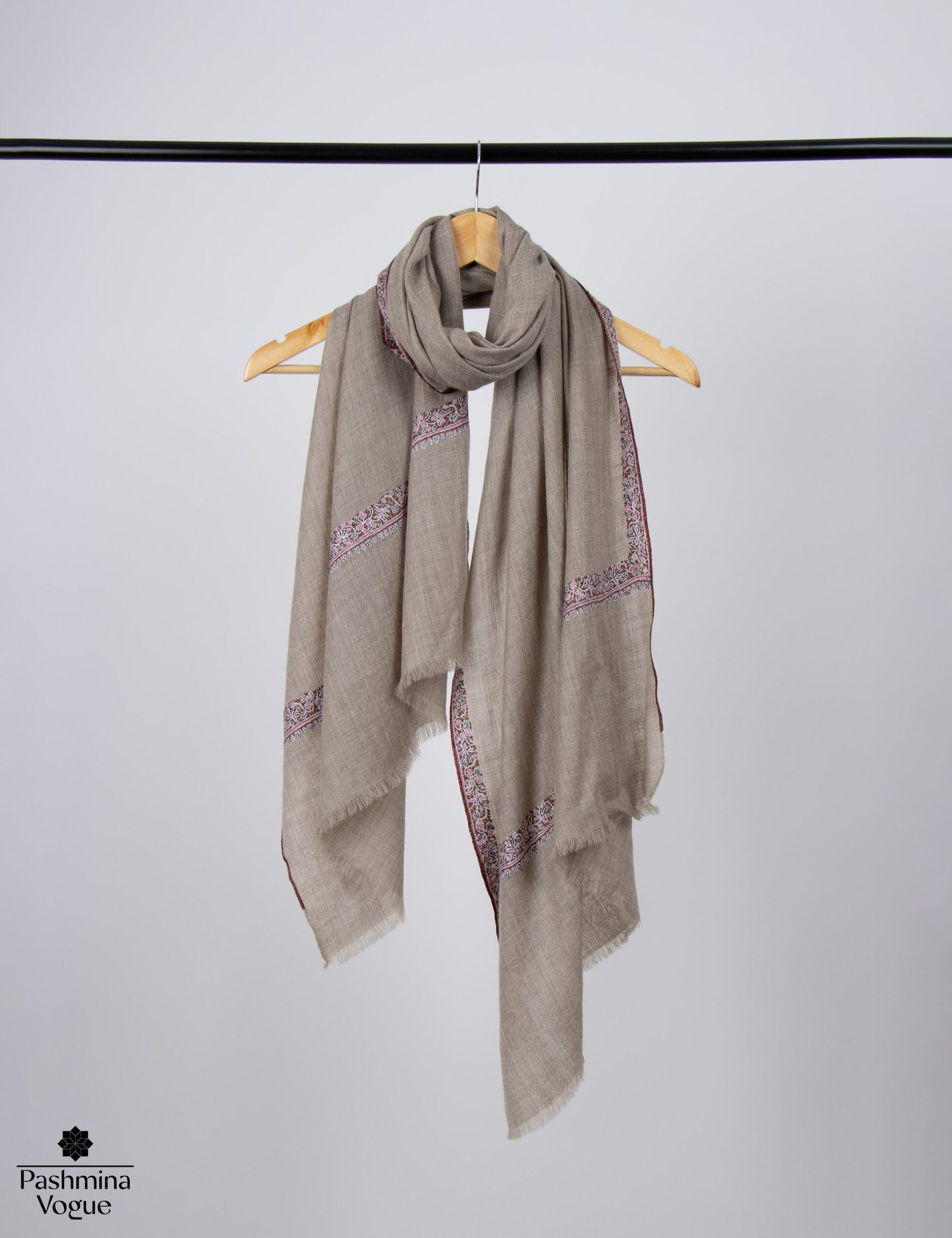 Beige Pure Pashmina Shawl with Traditional Sozni Embroidery