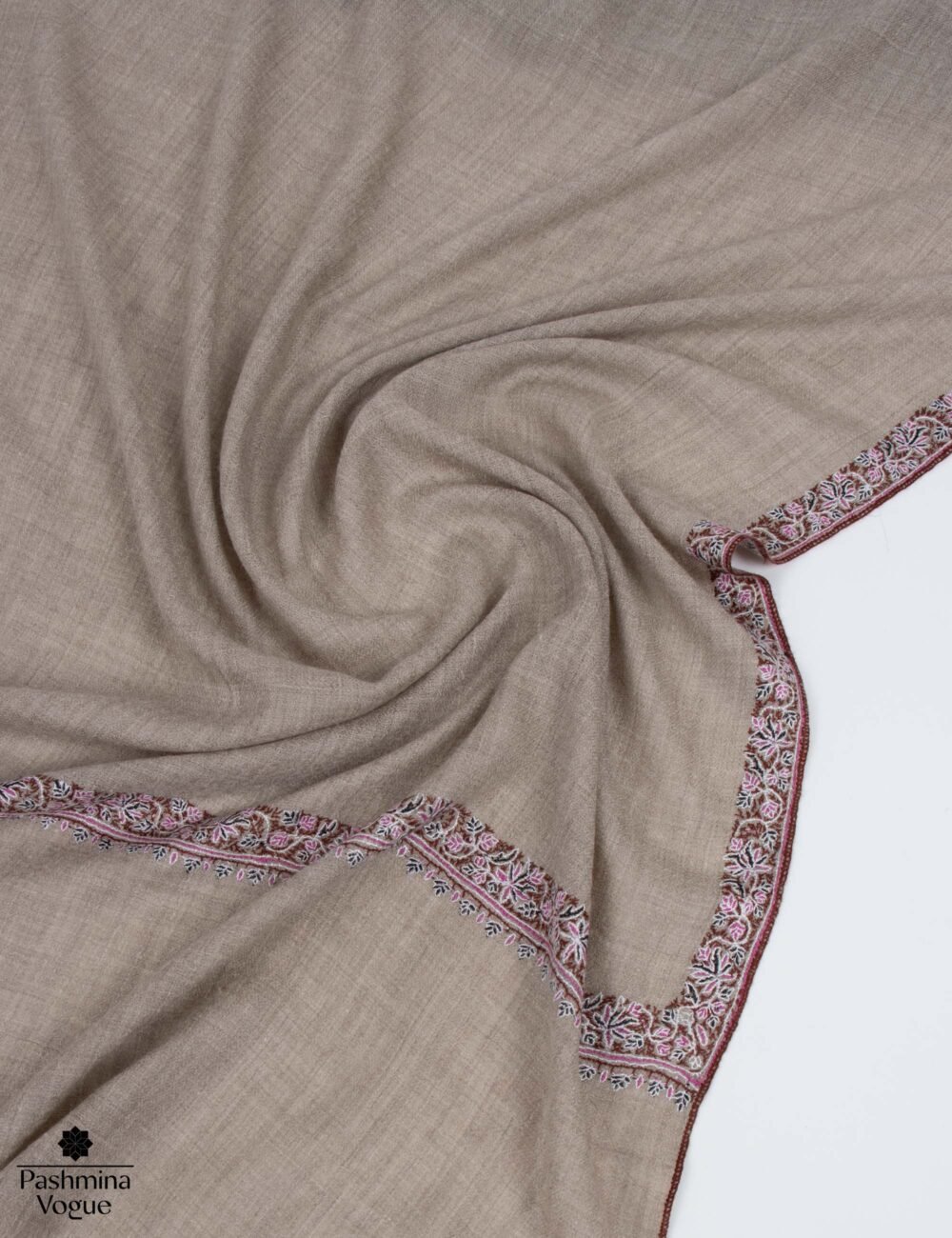 Beige Pure Pashmina Shawl with Traditional Sozni Embroidery