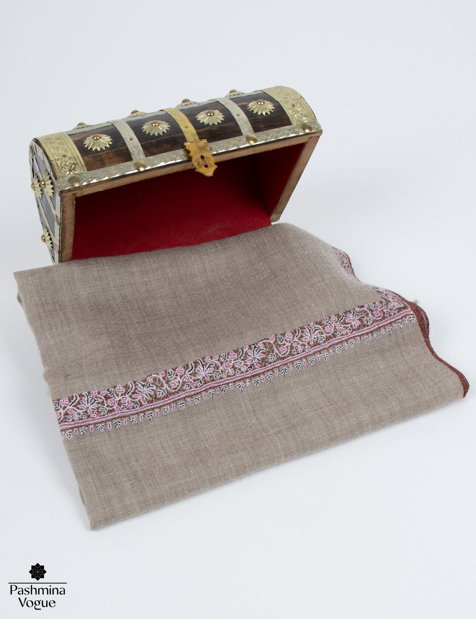 Beige Pure Pashmina Shawl with Traditional Sozni Embroidery