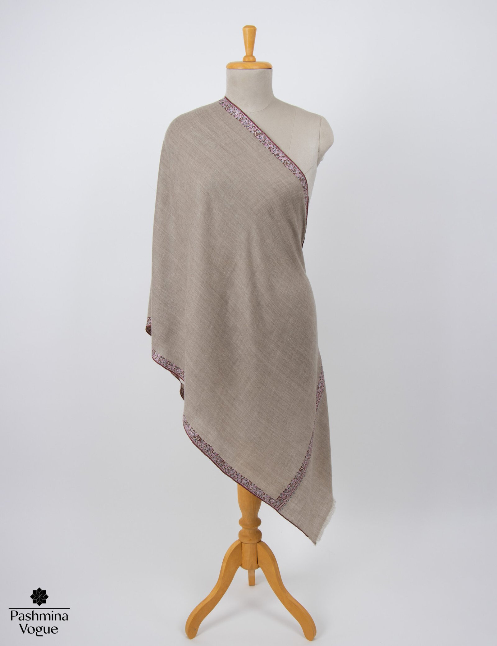 Authentic beige pure Pashmina shawl featuring traditional hand embroidered Sozni borders by Pashmina Vogue