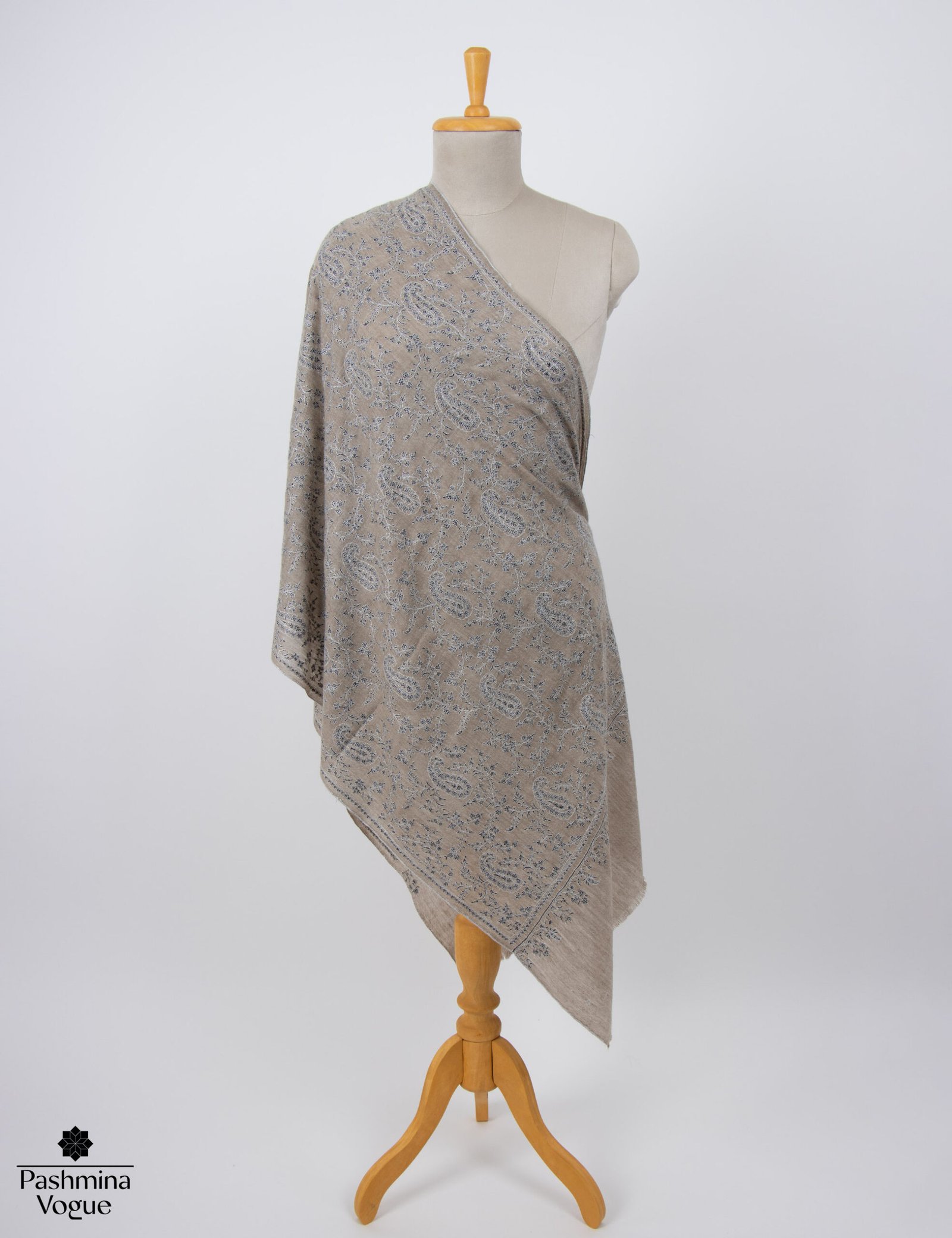 Authentic neutral beige pure Pashmina wrap with intricate traditional hand embroidery patterns by Pashmina Vogue.