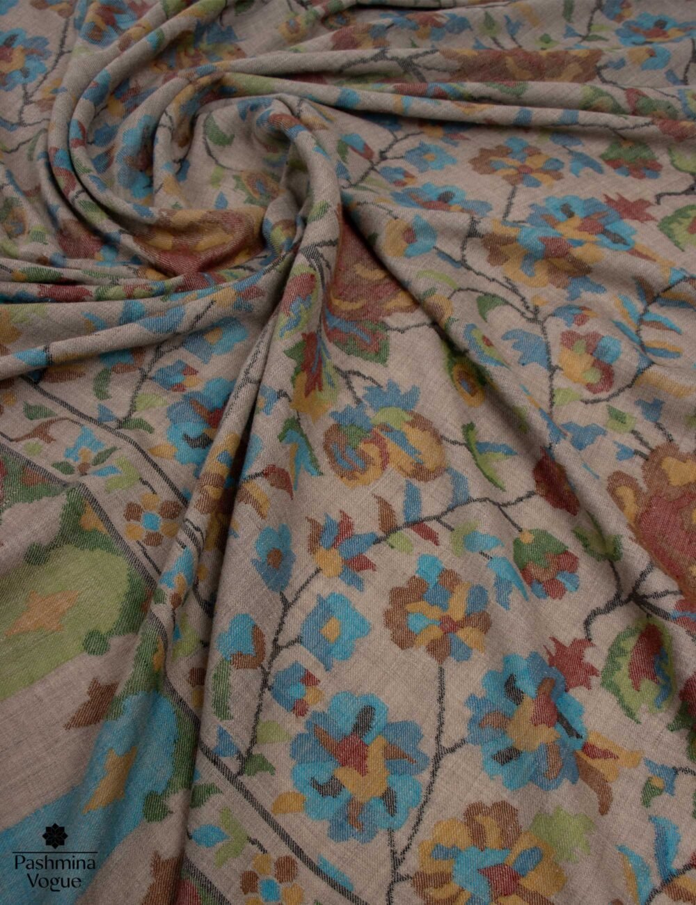 Oversized Kashmiri handwoven Kani pure Pashmina shawl in a natural un-dyed cream hue featuring regal heritage weave patterns by Pashmina Vogue.