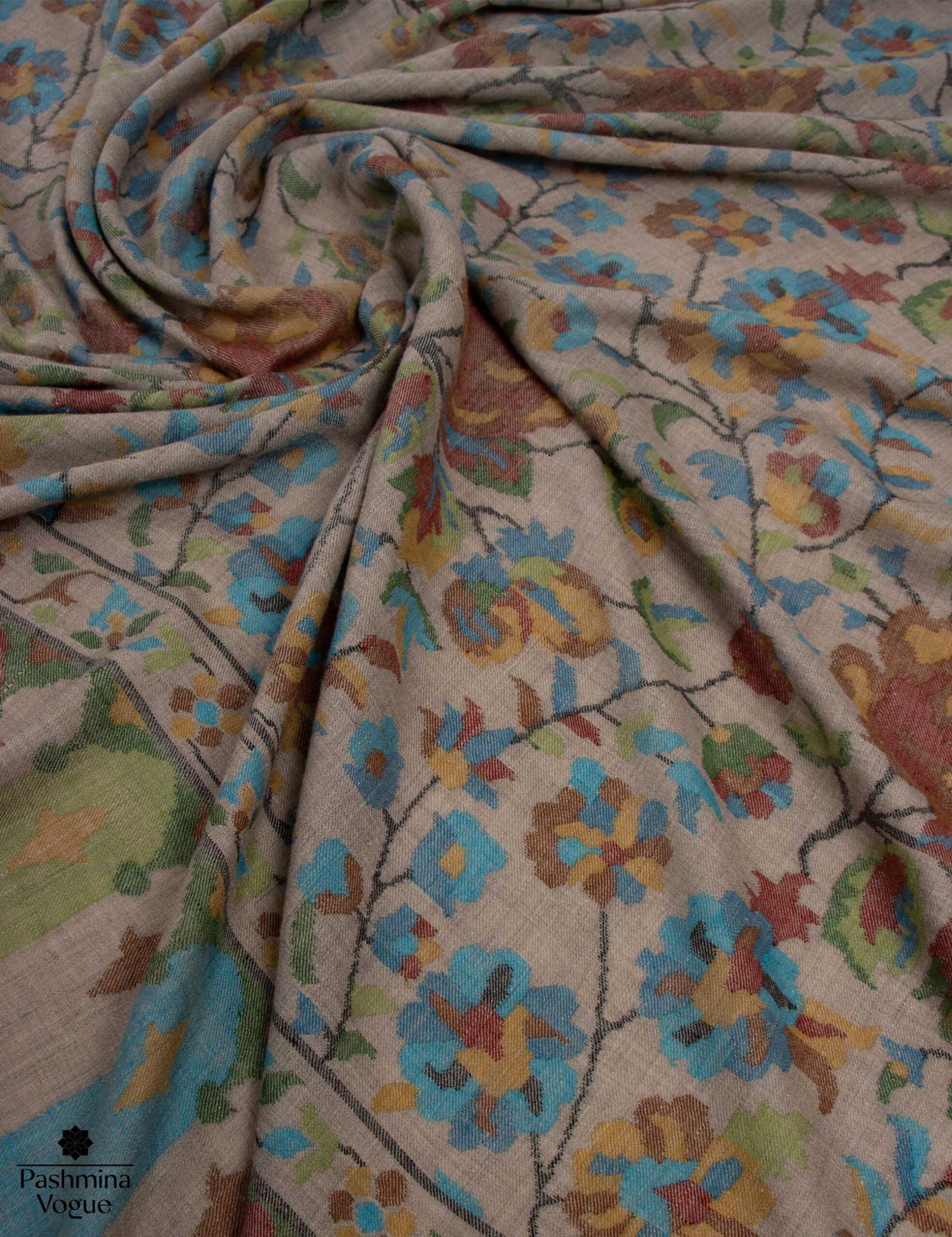 Oversized Kashmiri handwoven Kani pure Pashmina shawl in a natural un-dyed cream hue featuring regal heritage weave patterns by Pashmina Vogue.