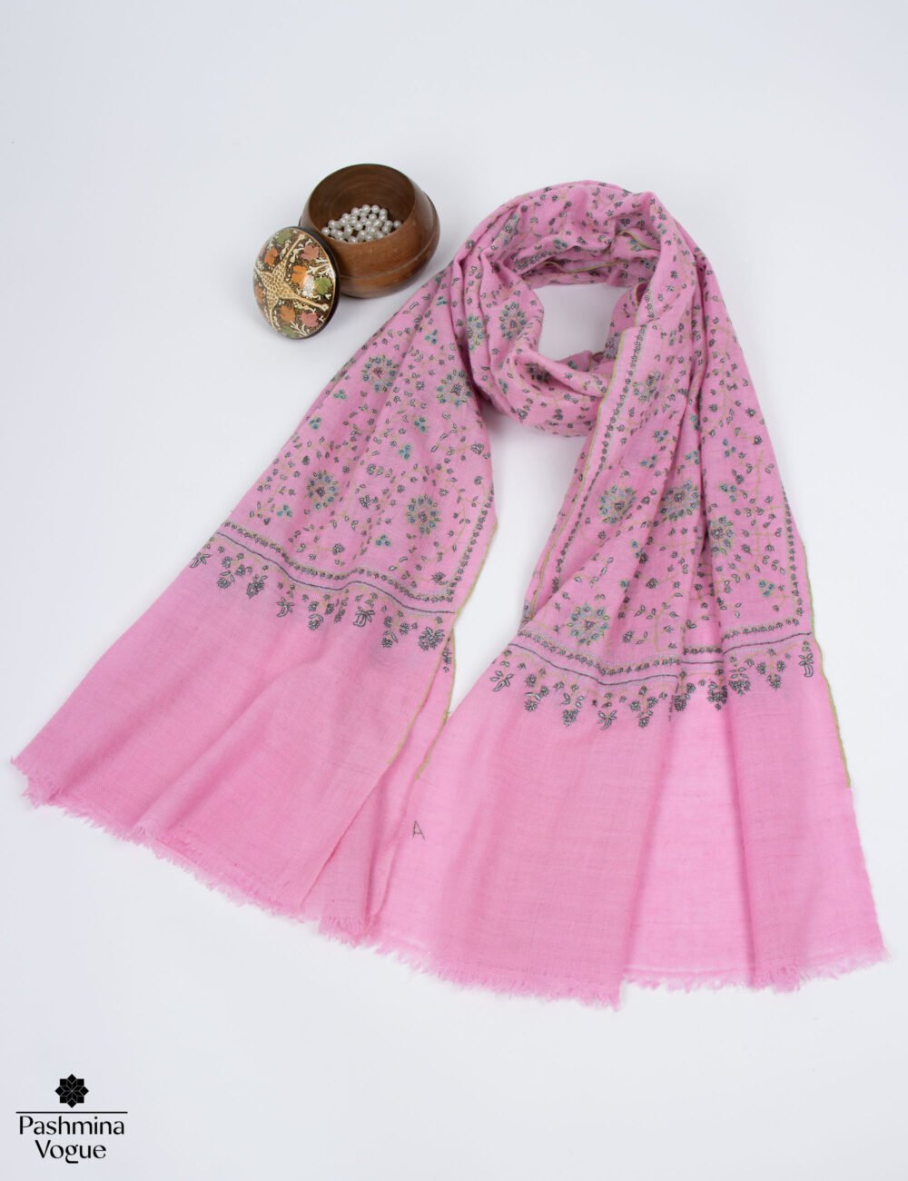 Classic pastel pink Kashmiri Pashmina scarf showcasing a soft natural luster and delicate eyelash fringes by Pashmina