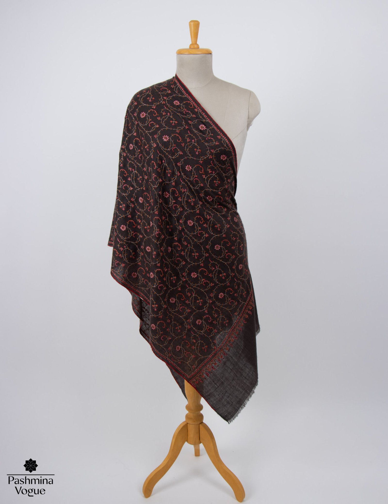 Deep dark brown pure Pashmina scarf showcasing a rich solid tone and fine handloomed texture by Pashmina Vogue.