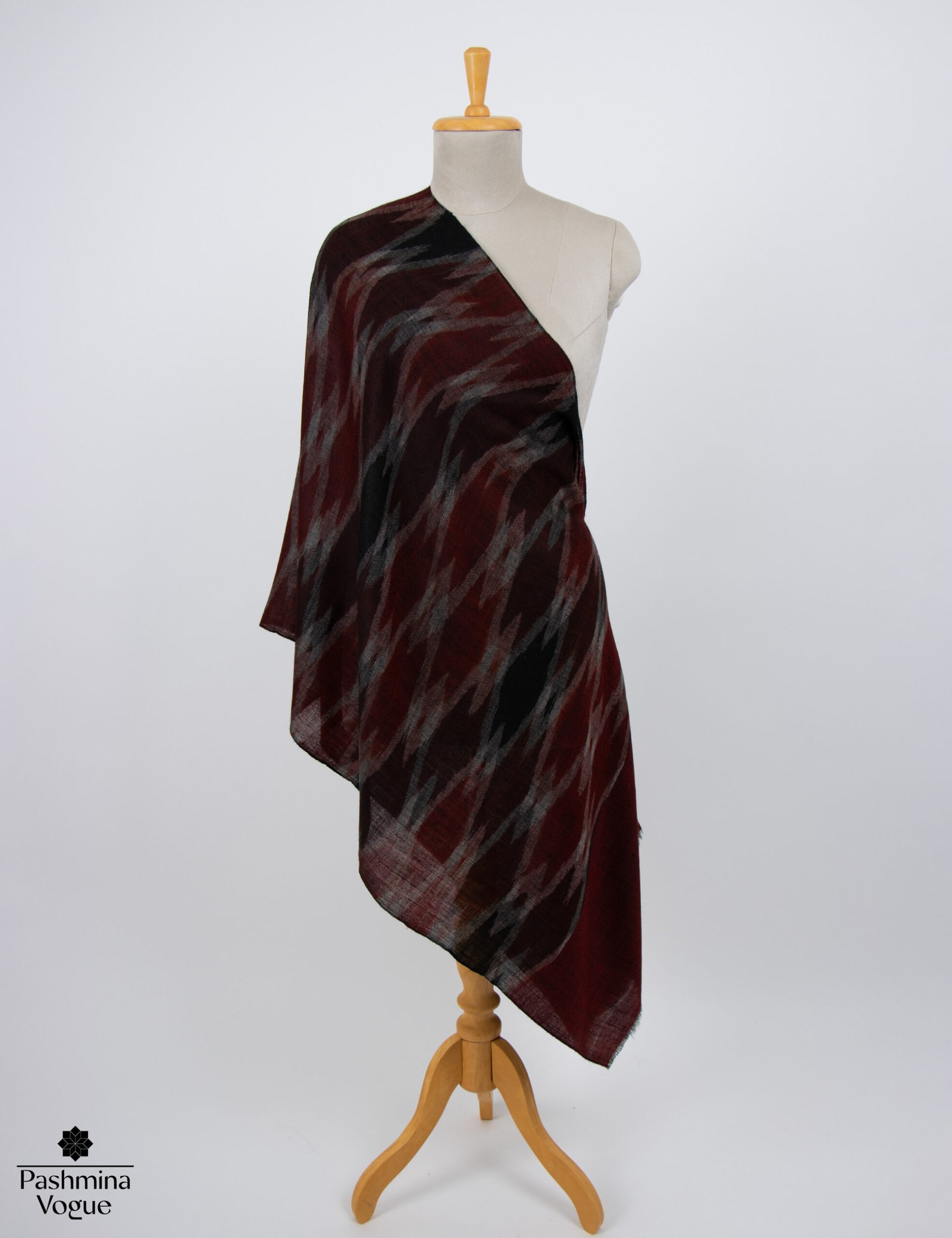Authentic handwoven space-dyed Pashmina Ikat scarf with vivid multi-tonal geometric patterns by Pashmina Vogue