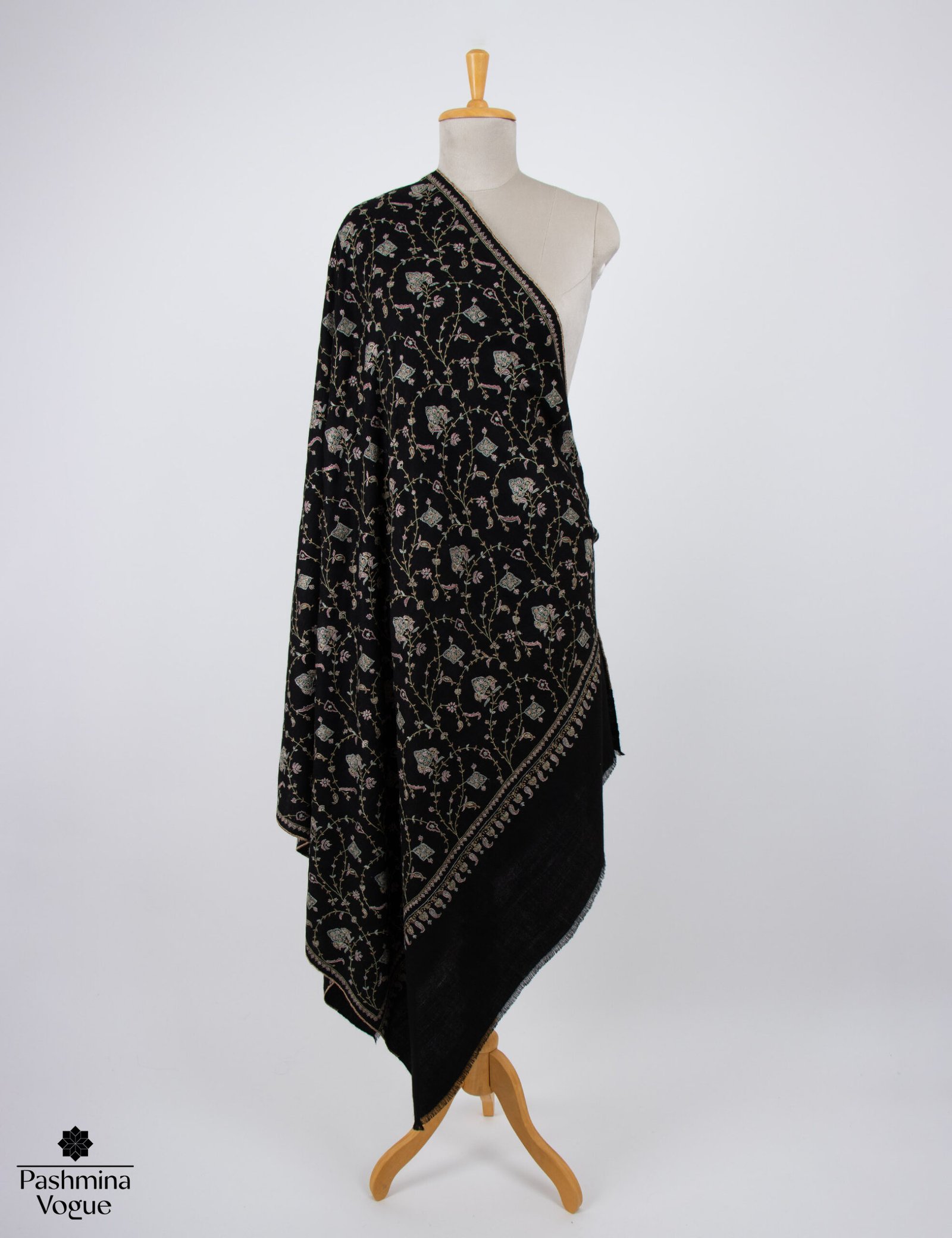 Shadow Grace pure Pashmina shawl featuring a charcoal grey GI certified handloomed cashmere weave by Pashmina Vogue.