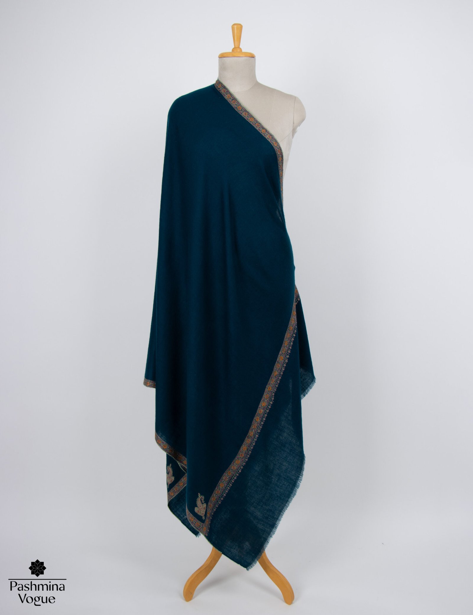 Elegant royal blue Kashmiri Pashmina shawl draped open as a luxury handwoven pure Pashmina shawl.