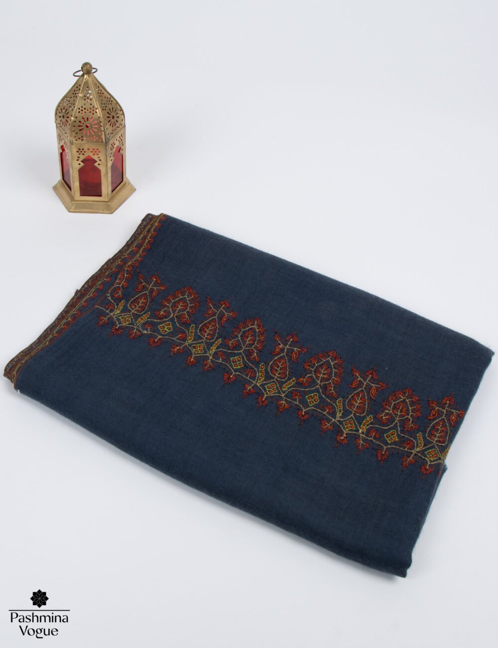Luxury hand-embroidered Pashmina shawl in a classic cream color featuring detailed Kashmiri Sozni needle work.