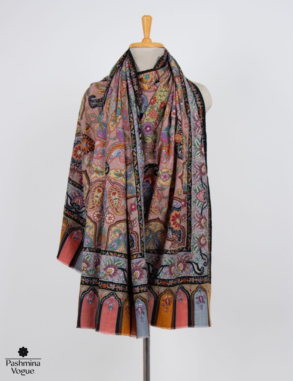 handmade Kalamkari Pashmina shawl showcasing exquisite hand-painted organic floral motifs and detailed borders.