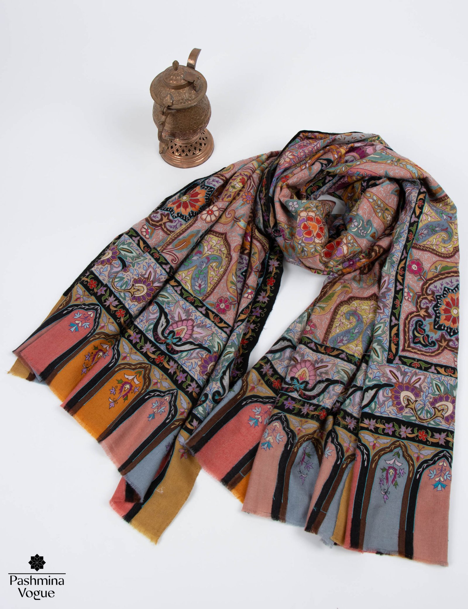 Handmade Kalamkari Pashmina Shawl Indian Embroidery