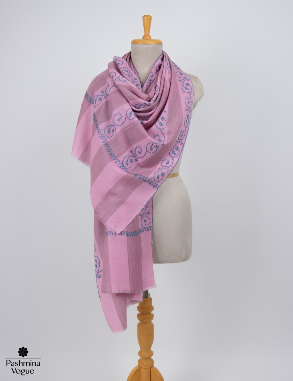 Pink Stripes Merino Wool Scarf - Hand-Embroidered Kashmiri Wrap