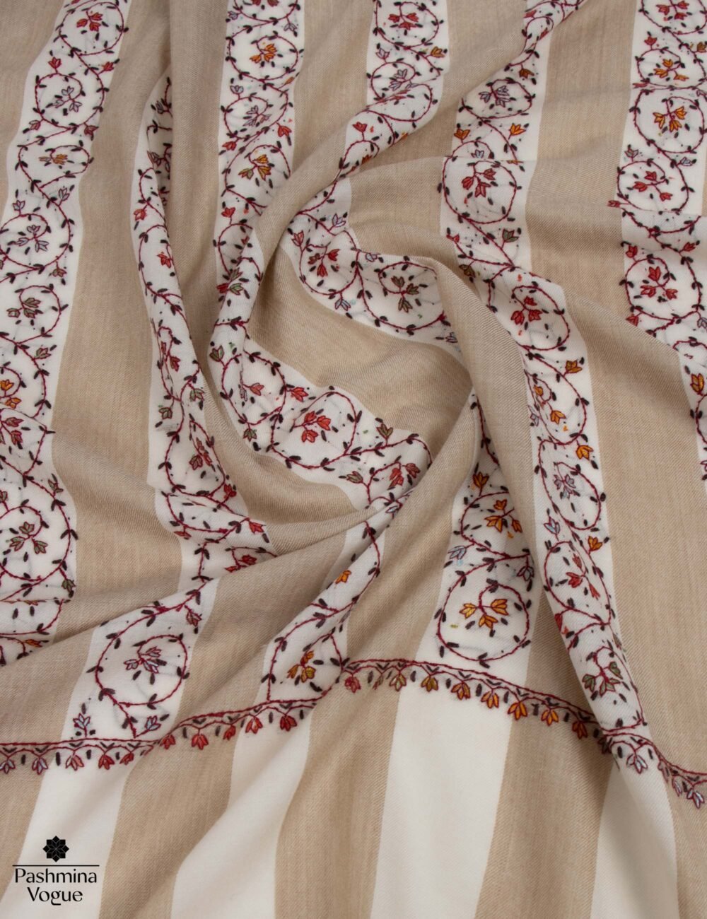 Natural stripes scarf with hand needlework - luxury Kashmiri Pashmina wrap and warm elegant winter stole by Pashmina Vogue.