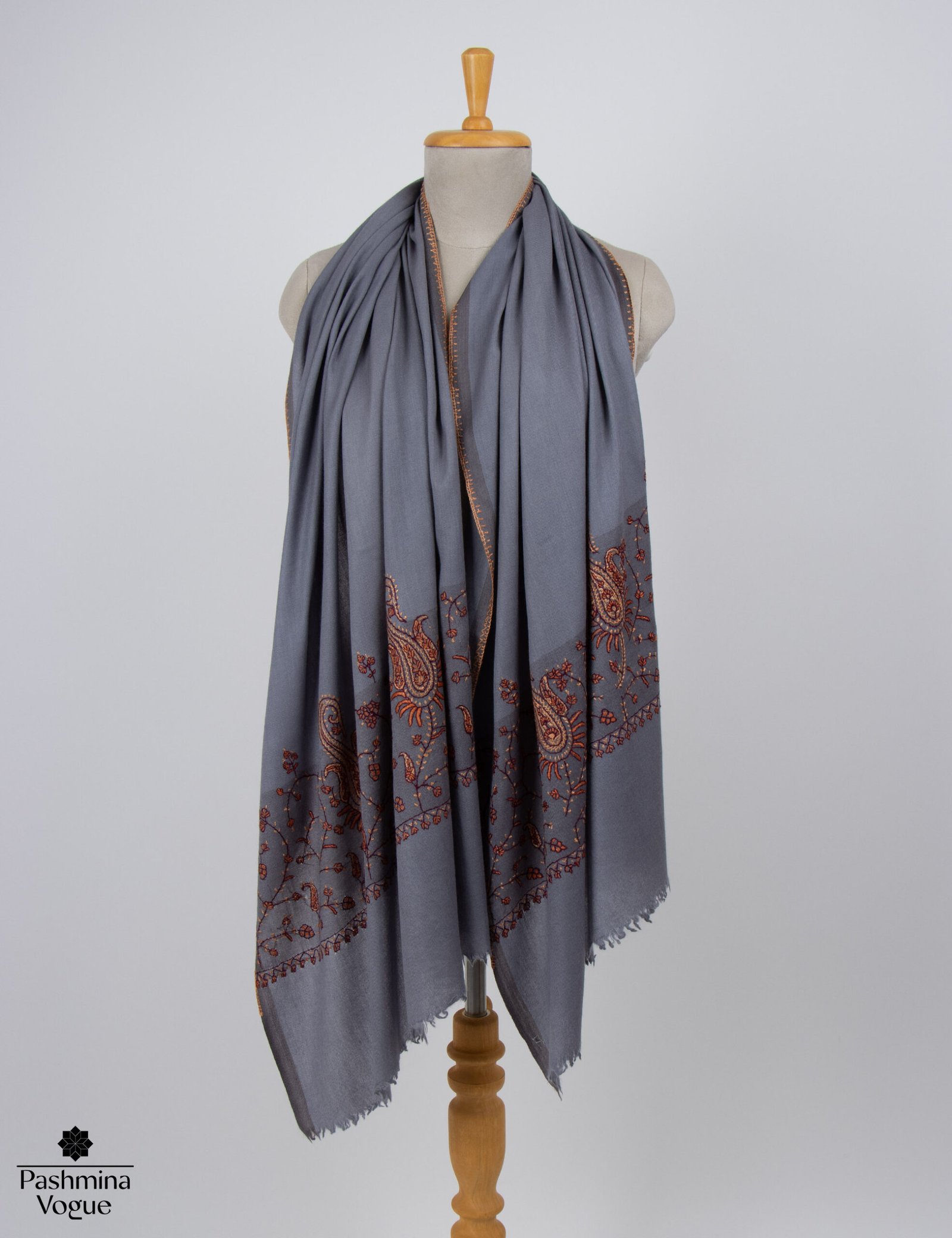 Gray Semi Pashmina Scarf Needlework Embroidery | Luxury Wrap